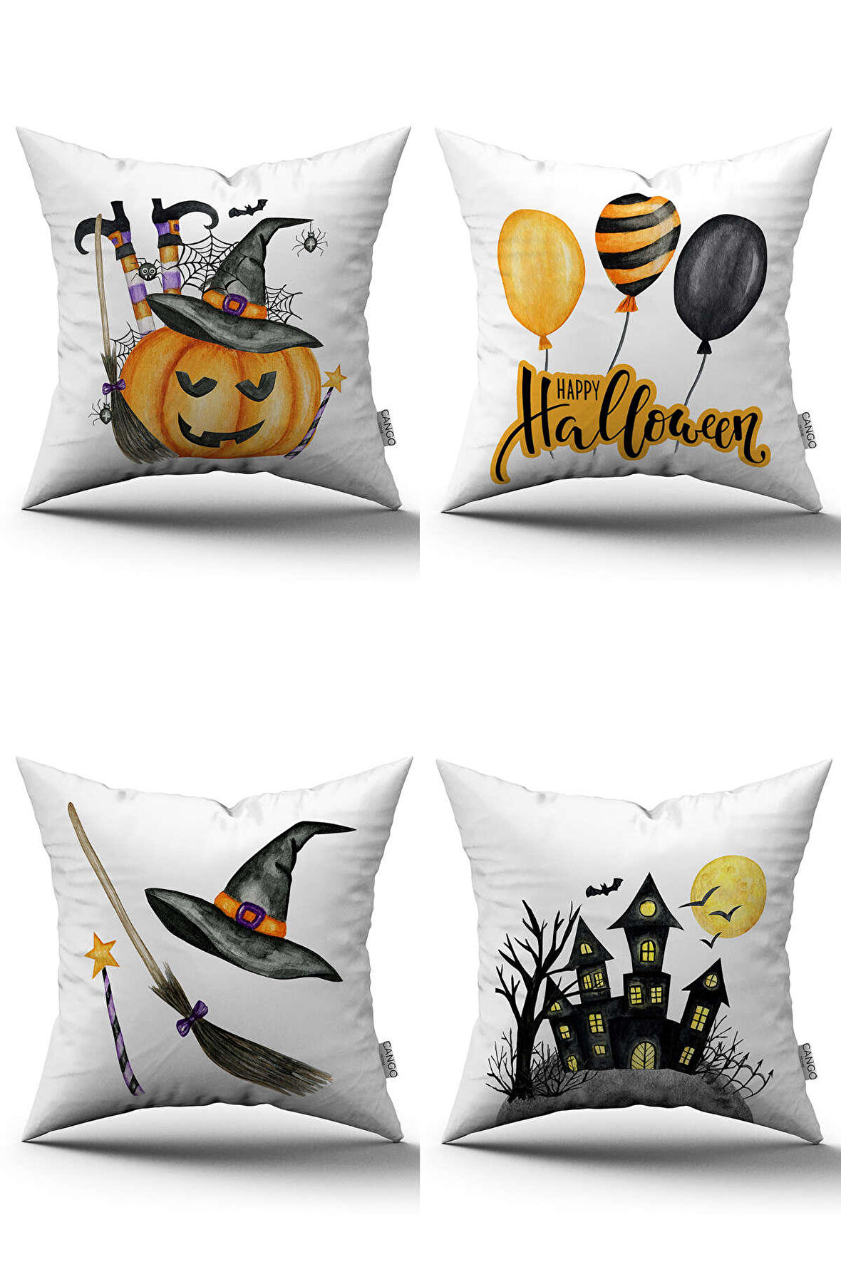 Turuncu Halloween Balkabağı Desenli Dijital Baskılı Kırlent Kılıfı Seti 4kmbs130