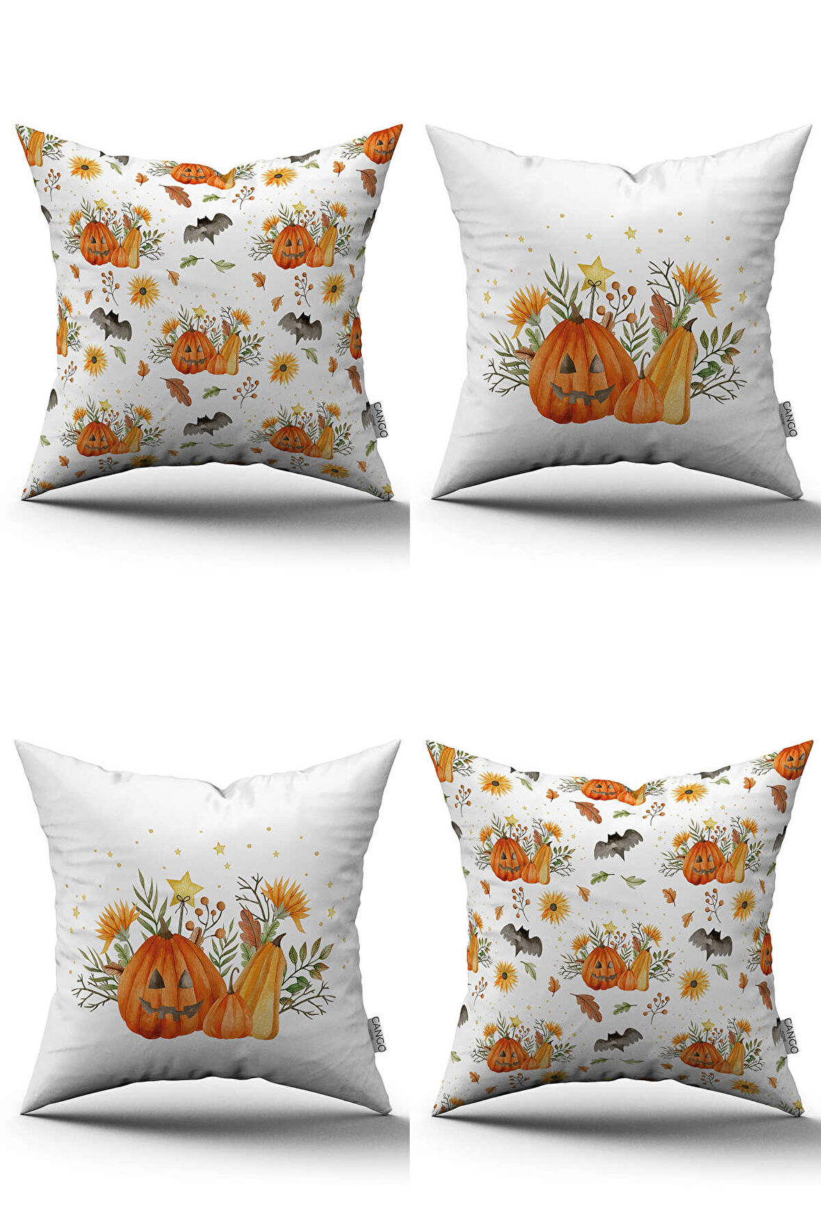 Turuncu Halloween Balkabağı Desenli Dijital Baskılı Kırlent Kılıfı Seti 4kmbs131