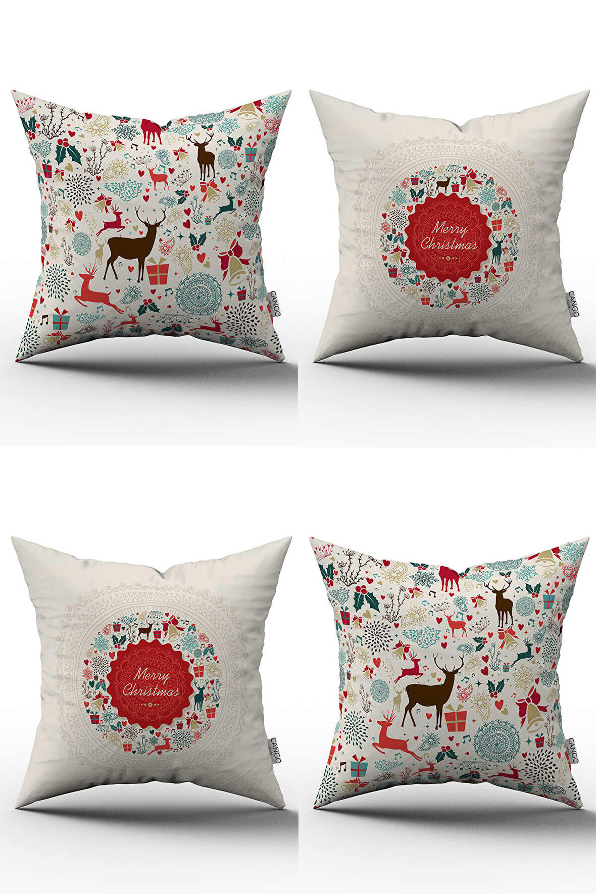 Kırmızı Çok Renkli Yılbaşı Temalı 4'lü Kırlent Kılıfı Seti 4kmbs161