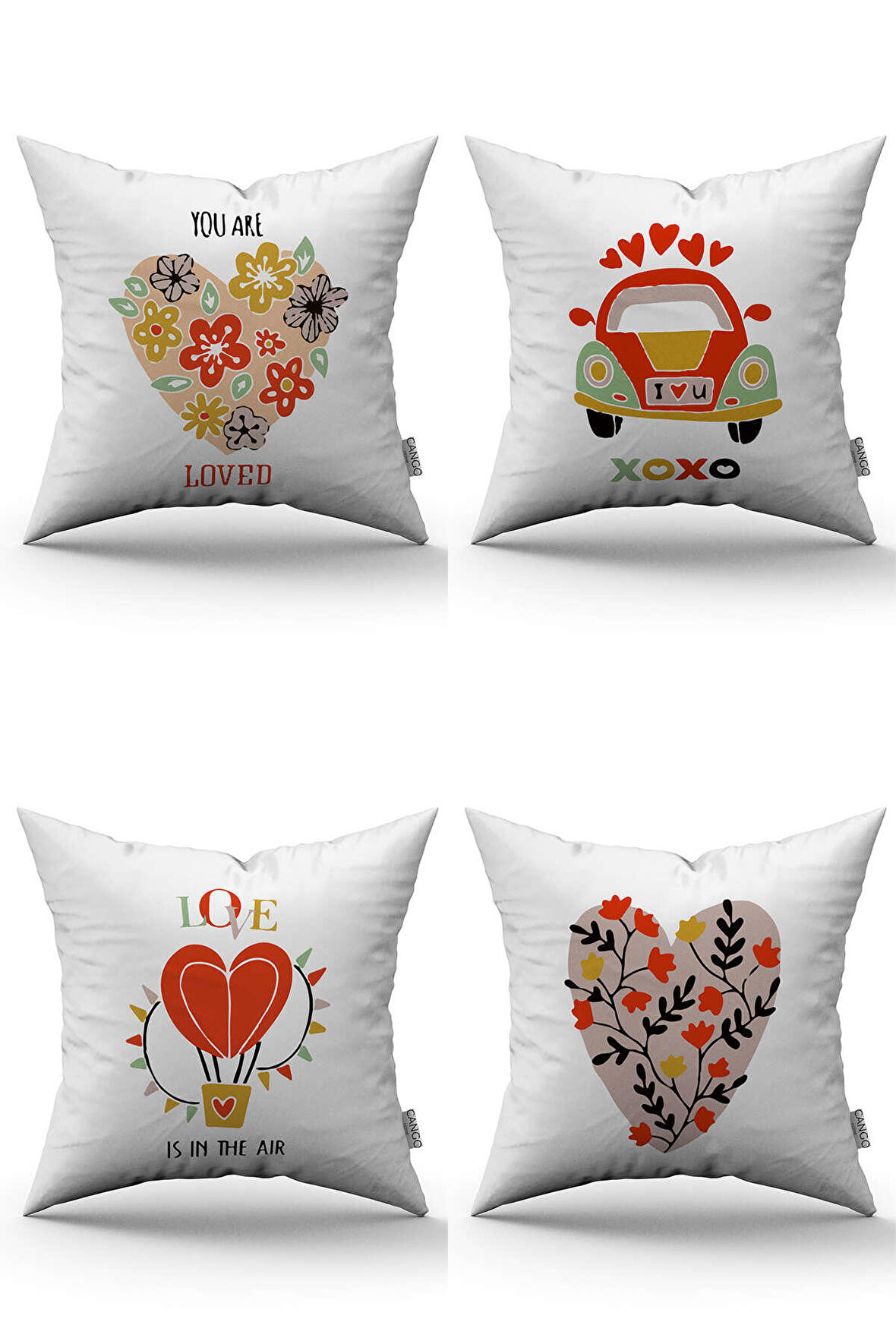 Beyaz Kırmızı Modern Sevgililer Günü Temalı Dijital Baskılı Kırlent Kılıfı Seti 4kmbs187