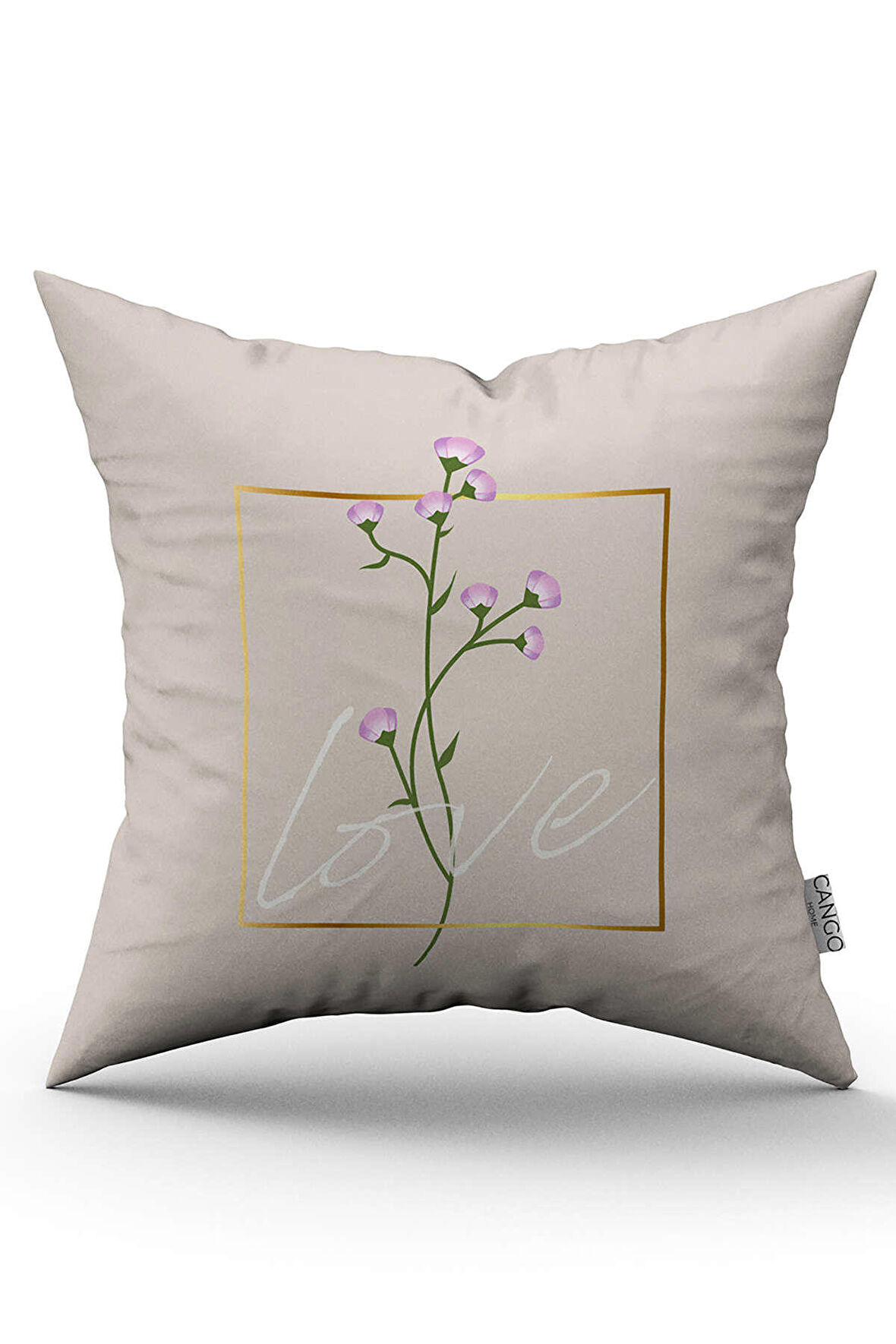 Krem Love Yazılı Çiçek Desenli Baskılı Kırlent Kılıfı CGH1010
