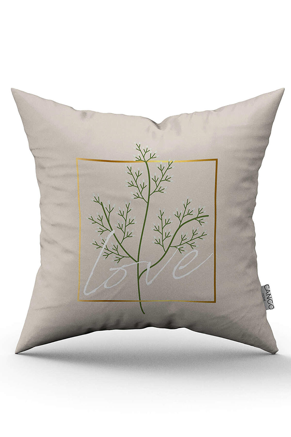 Krem Love Yazılı Çiçek Desenli Dijital Baskılı Kırlent Kılıfı CGH1011