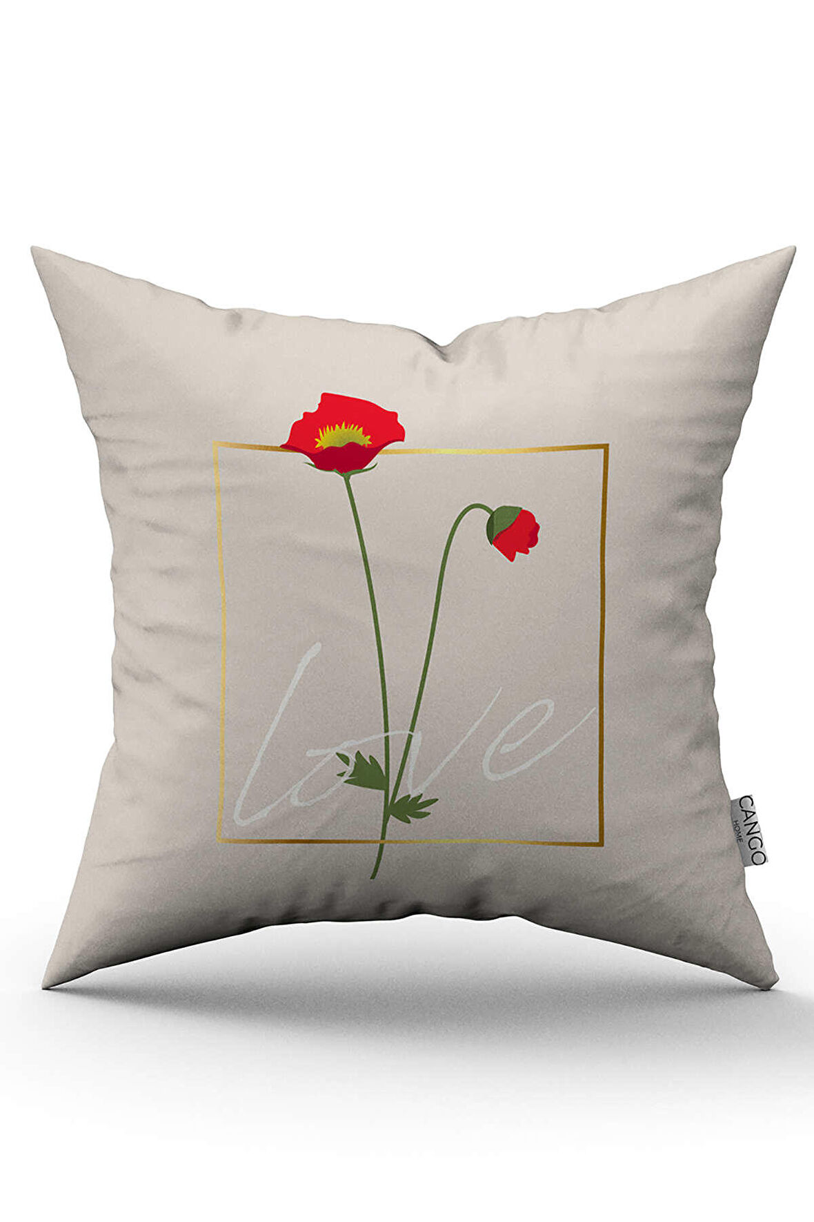 Krem Love Yazılı Çiçek Desenli Dijital Baskılı Kırlent Kılıfı CGH1013