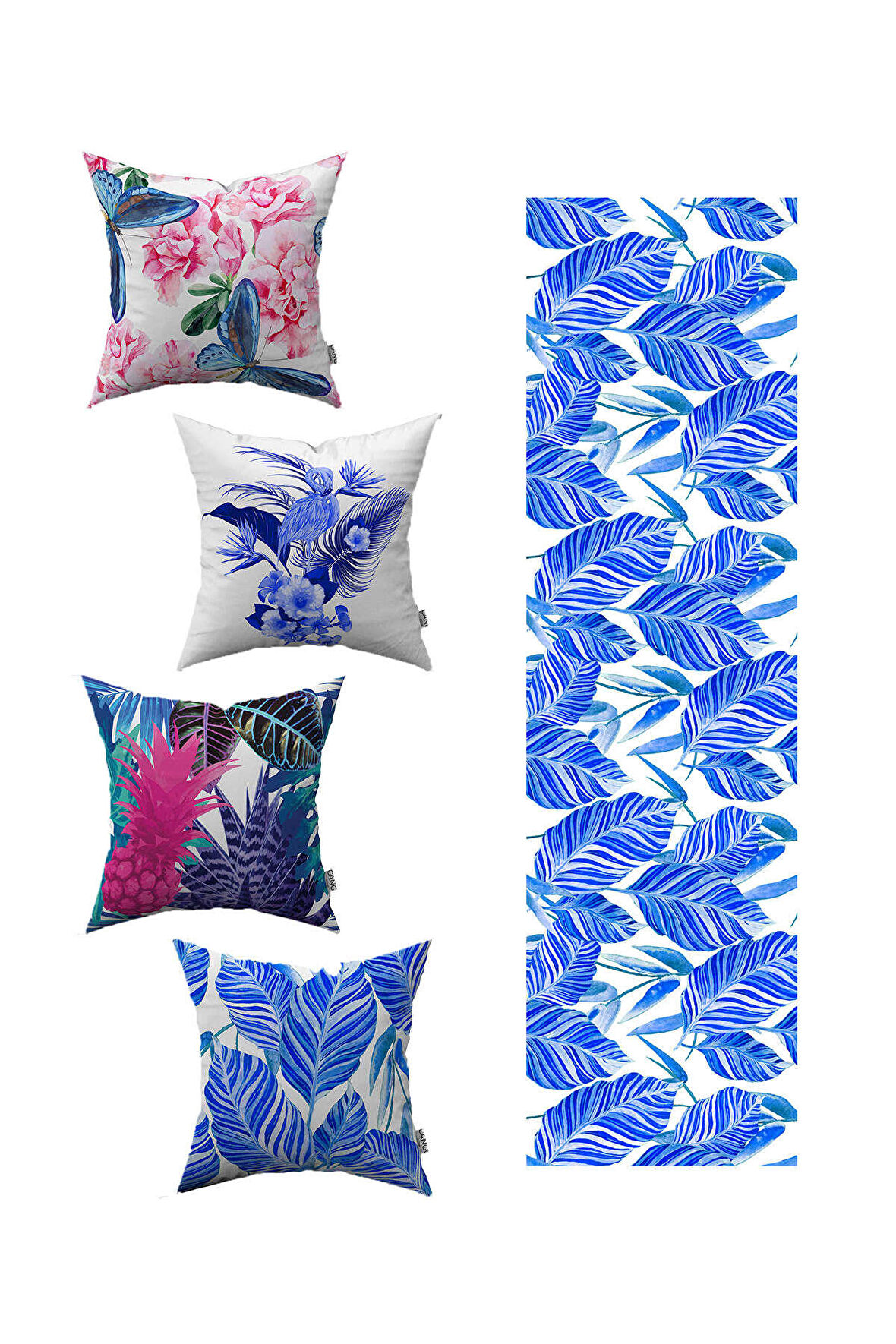 Mavi Pembe Tropik Desenli 4'lü Kırlent Kılıfı 1 Runner Seti 4kmbs004-RS-02