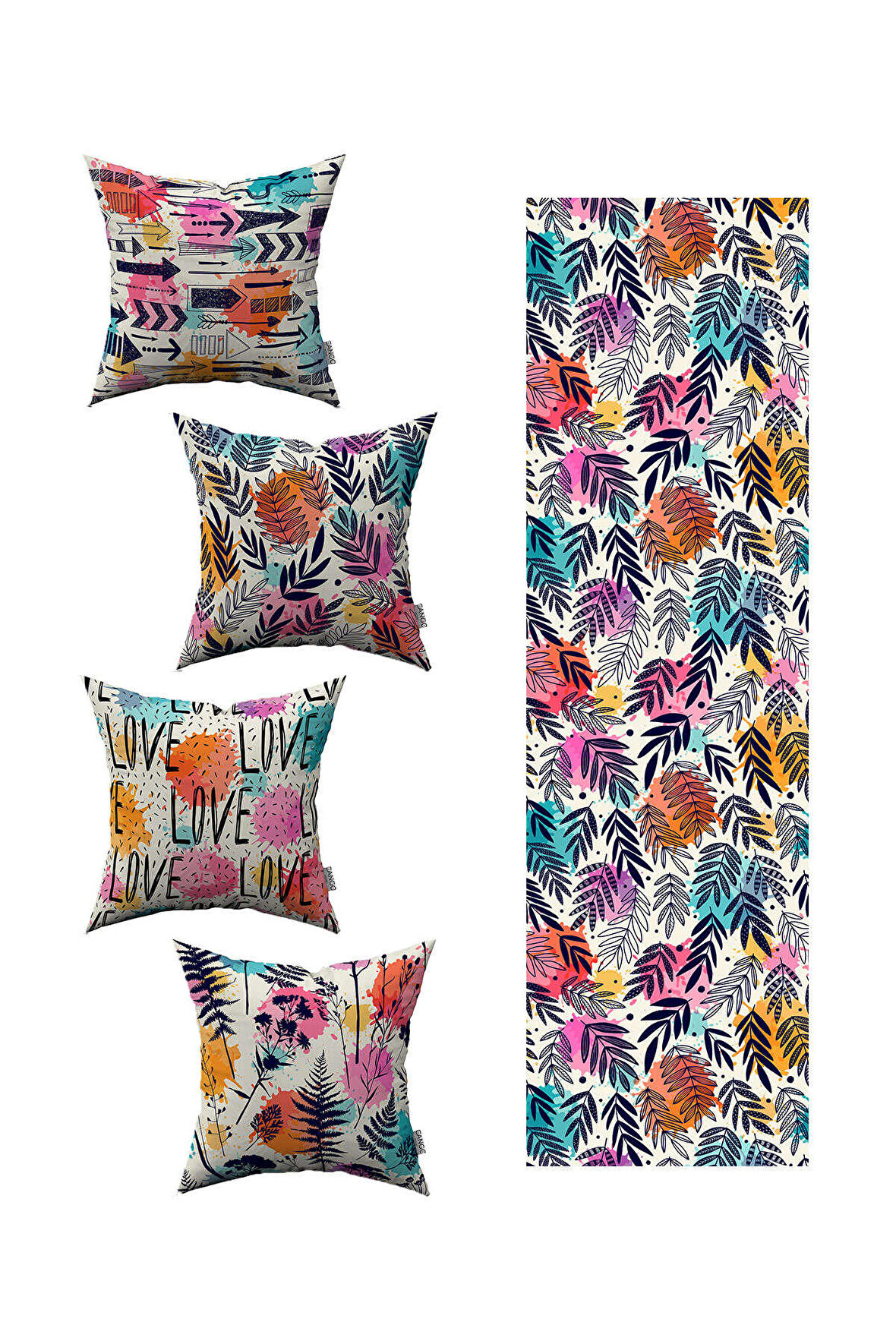 Beyaz Çok Renkli Modern Dekoratif Desenli 4'lü Kırlent Kılıfı 1 Runner Seti 4kmbs81-RS-01