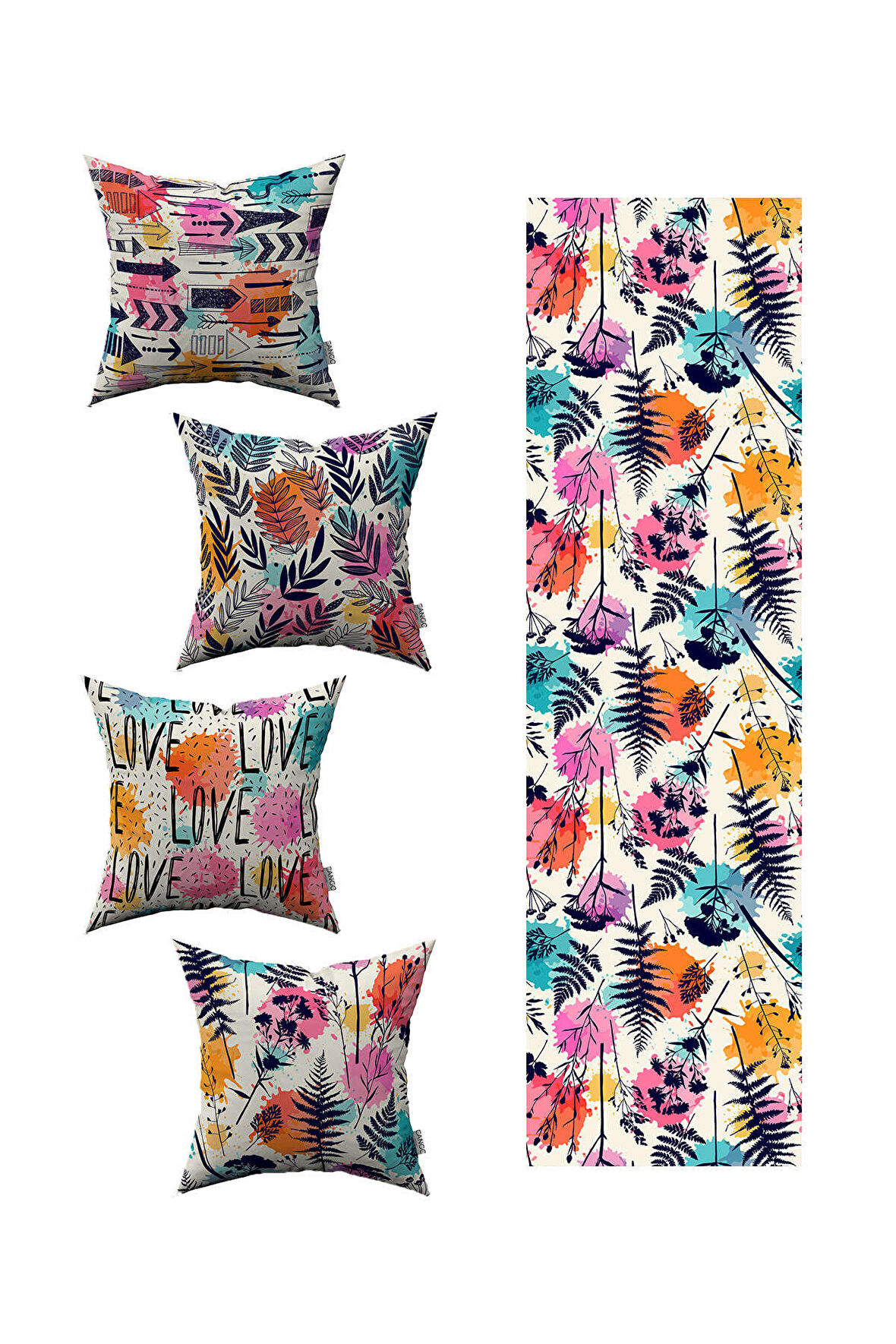 Beyaz Çok Renkli Modern Dekoratif Desenli 4'lü Kırlent Kılıfı 1 Runner Seti 4kmbs81-RS-02