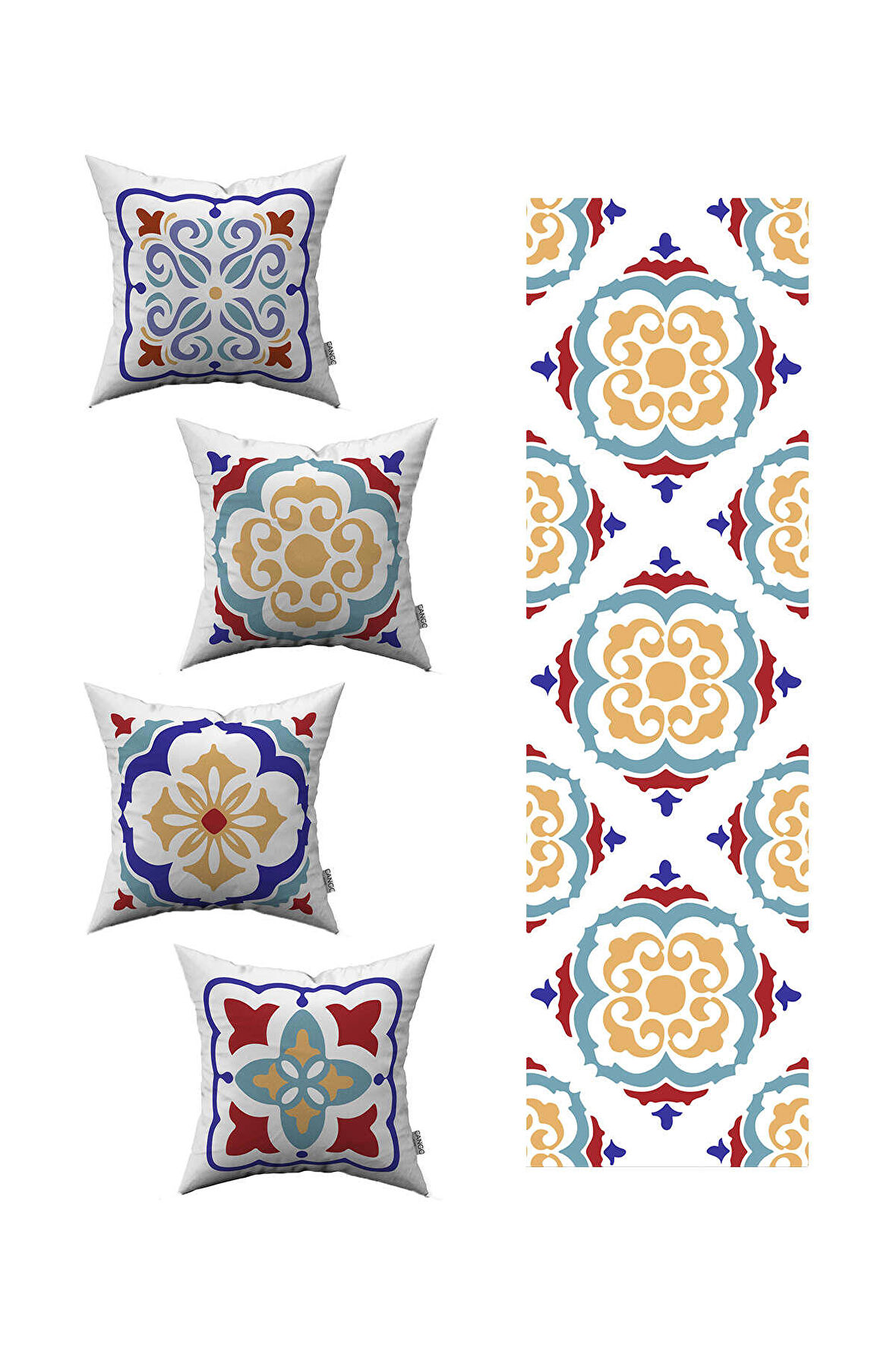 Kırmızı Mavi Modern Etnik Karo Desenli 4'lü Kırlent Kılıfı 1 Runner Seti 4kmbs99-RS-01