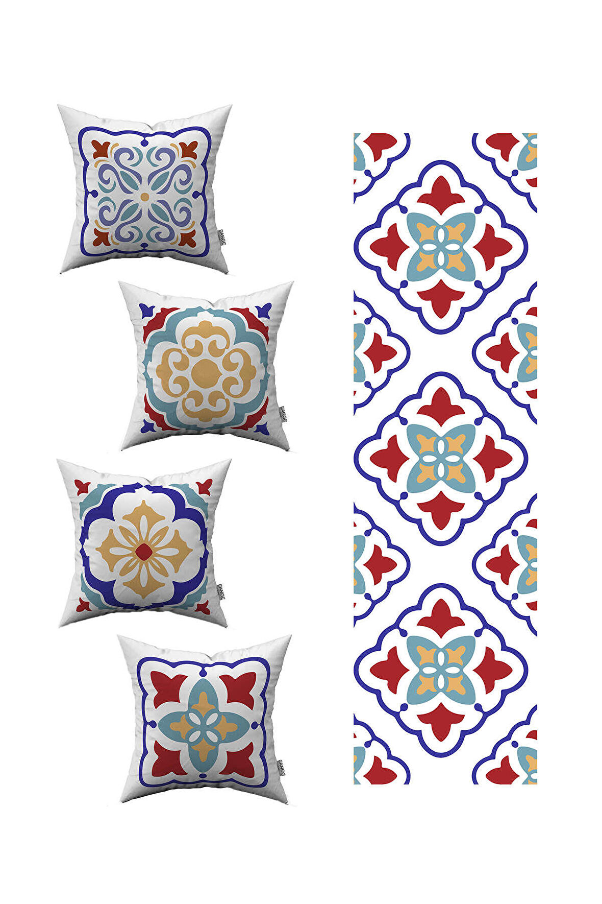 Kırmızı Mavi Modern Etnik Karo Desenli 4'lü Kırlent Kılıfı 1 Runner Seti 4kmbs99-RS-03