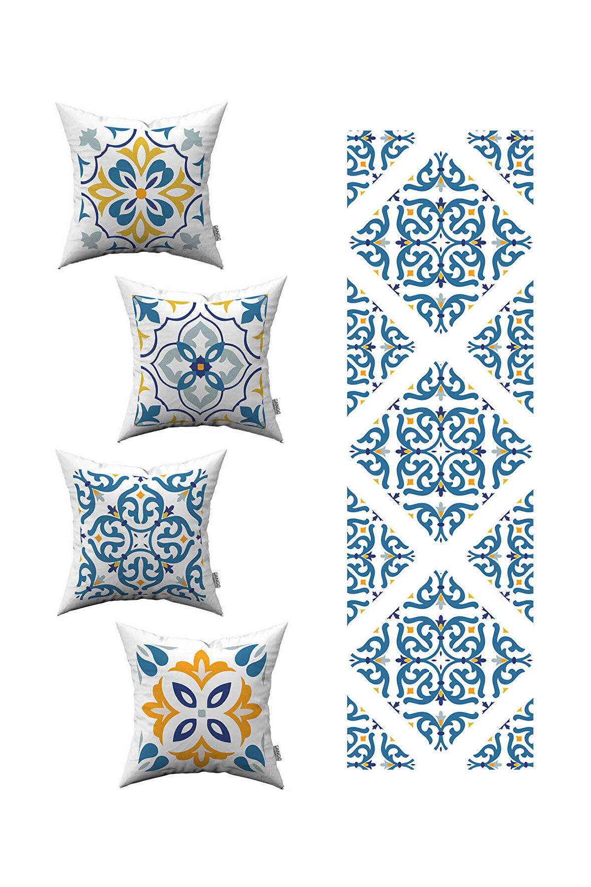 Beyaz Mavi Modern Etnik Karo Desenli 4'lü Kırlent Kılıfı 1 Runner Seti 4kmbs100-RS-02