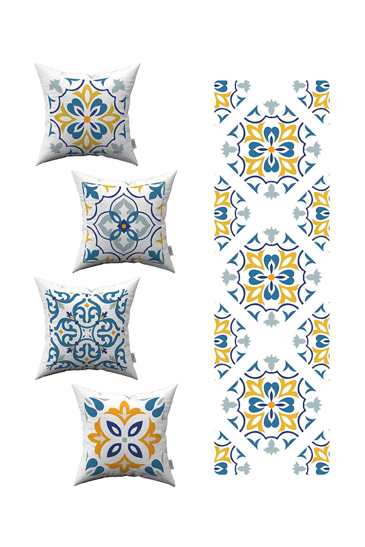 Beyaz Mavi Modern Etnik Karo Desenli 4'lü Kırlent Kılıfı 1 Runner Seti 4kmbs100-RS-03