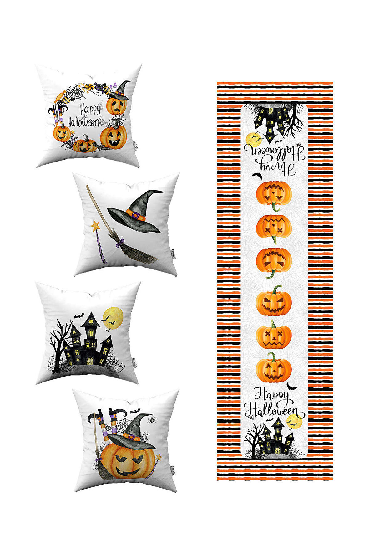 Turuncu Halloween Balkabağı Desenli 4'lü Kırlent Kılıfı 1 Runner Seti 4kmbs133-RS