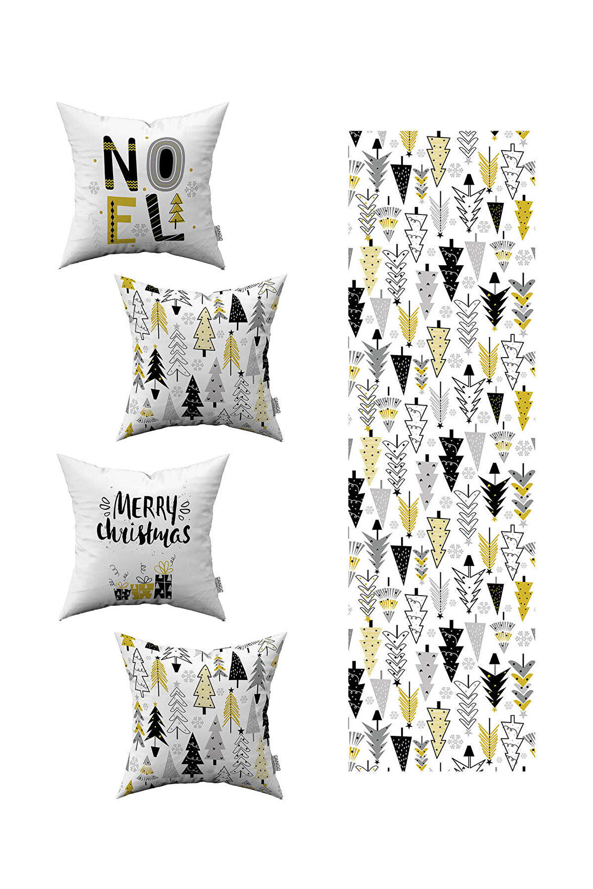 Sarı Siyah Yılbaşı Temalı 4'lü Kırlent Kılıfı 1 Runner Seti 4kmbs148-RS