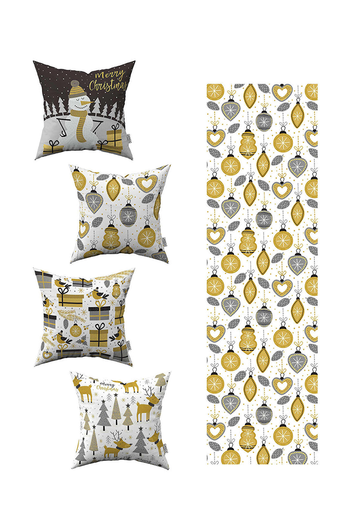 Sarı Gri Yılbaşı Temalı 4'lü Kırlent Kılıfı 1 Runner Seti 4kmbs155-RS-02