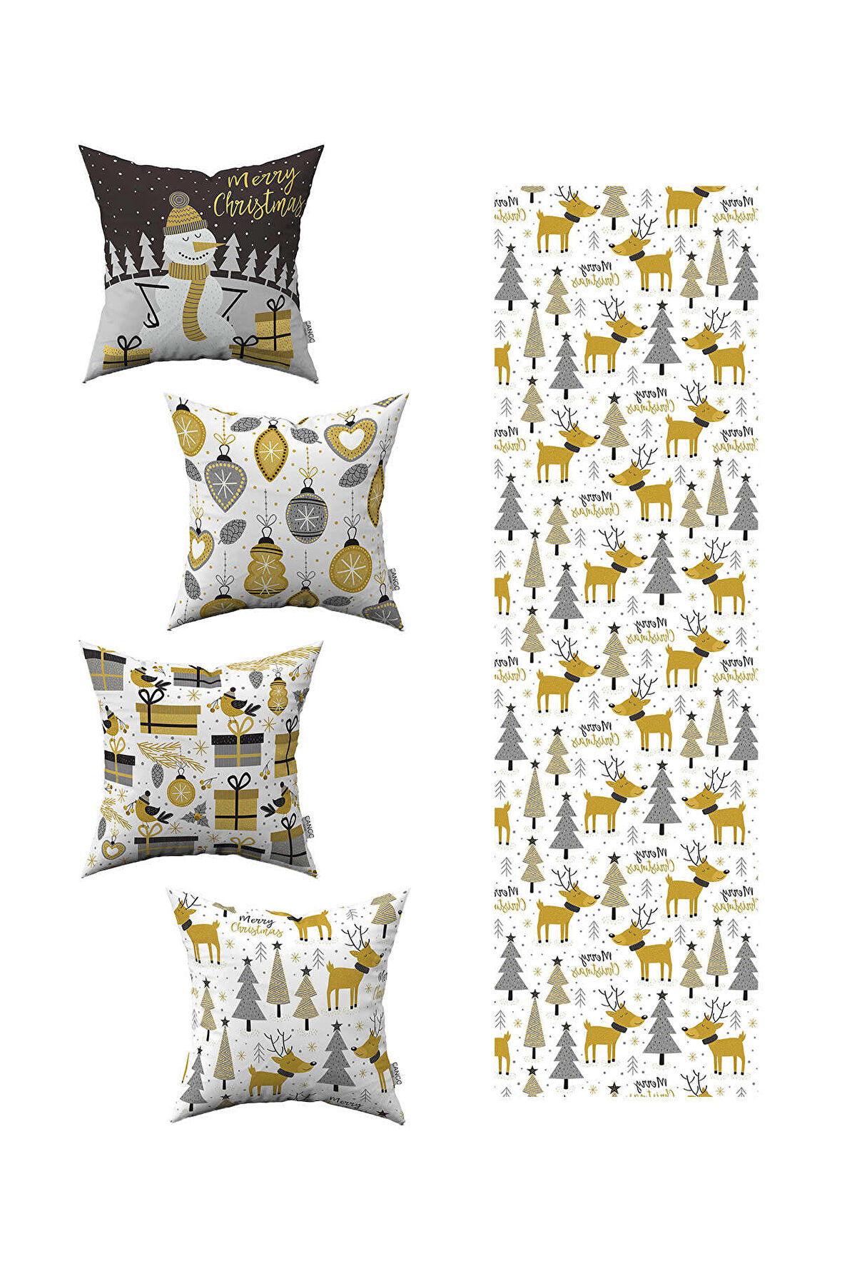 Sarı Gri Yılbaşı Temalı 4'lü Kırlent Kılıfı 1 Runner Seti 4kmbs155-RS-03