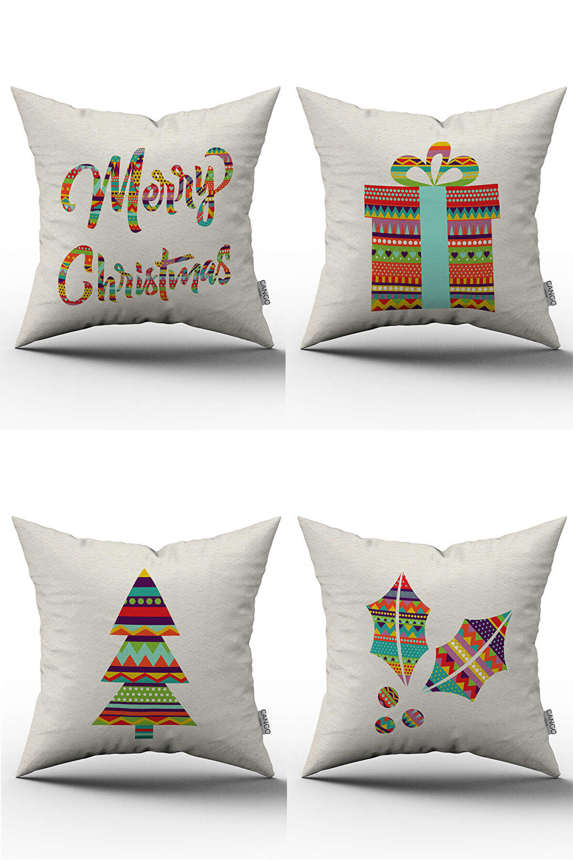 Krem Çok Renkli Yılbaşı Temalı 4'lü Kırlent Kılıfı Seti 4kmbs152