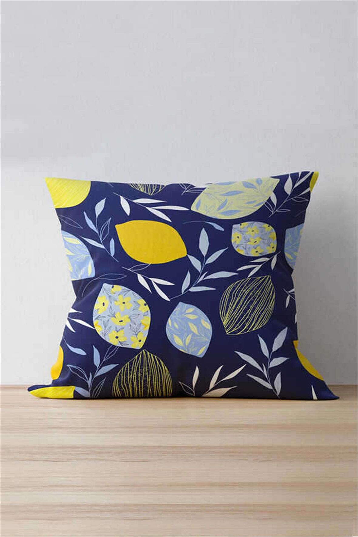 Çift Taraflı Sarı Lacivert Limon Desenli Dijital Baskılı Kırlent Kılıfı - OYTYK928-CT