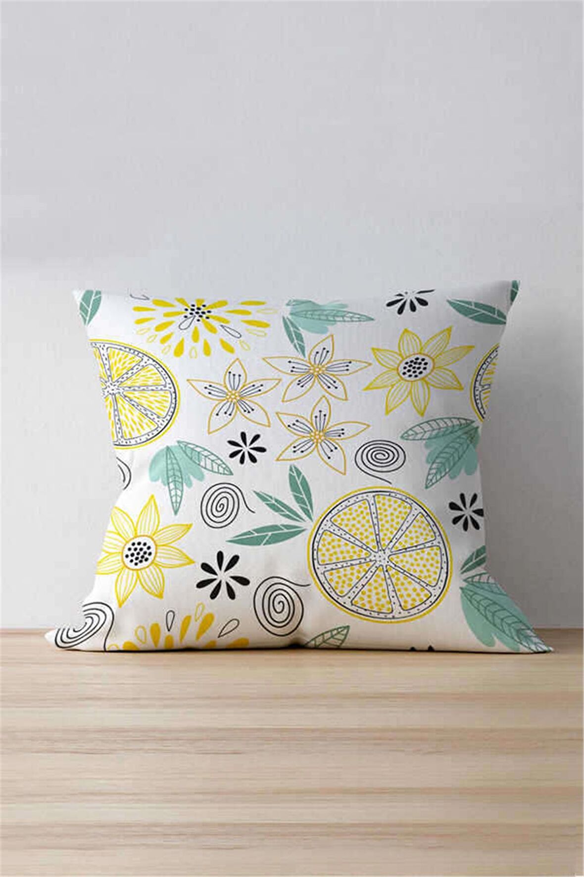 Çift Taraflı Beyaz Sarı Limon Desenli Dijital Baskılı Kırlent Kılıfı - OYTYK924-CT