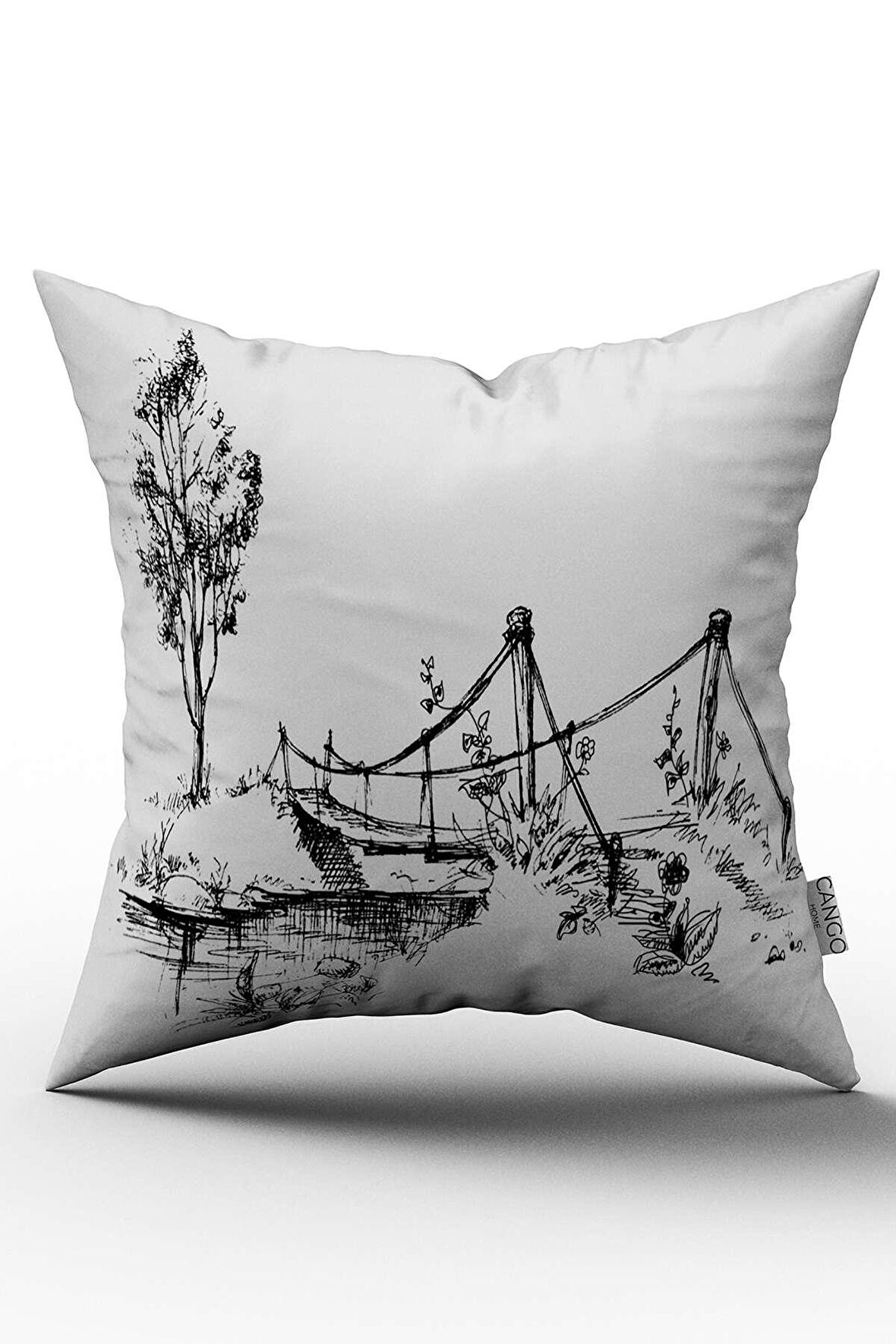 Çift Taraflı Beyaz Siyah Manzara Desenli Dijital Baskılı Kırlent Kılıfı - OTYK812-CT