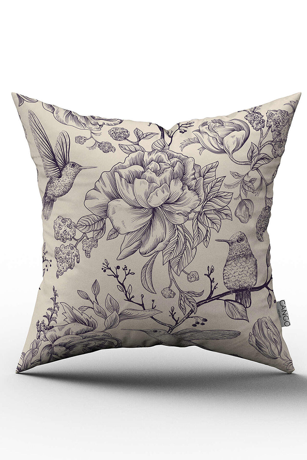 Çift Taraflı Bej Lacivert Çiçek ve Kuş Desenli Dijital Baskılı Kırlent Kılıfı - OTYK800-CT