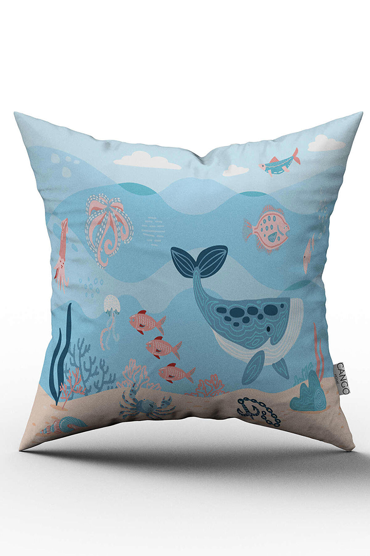 Çift Taraflı Mavi Pembe Marin Desenli Dijital Baskılı Çocuk Kırlent Kılıfı - OTYK792-CT