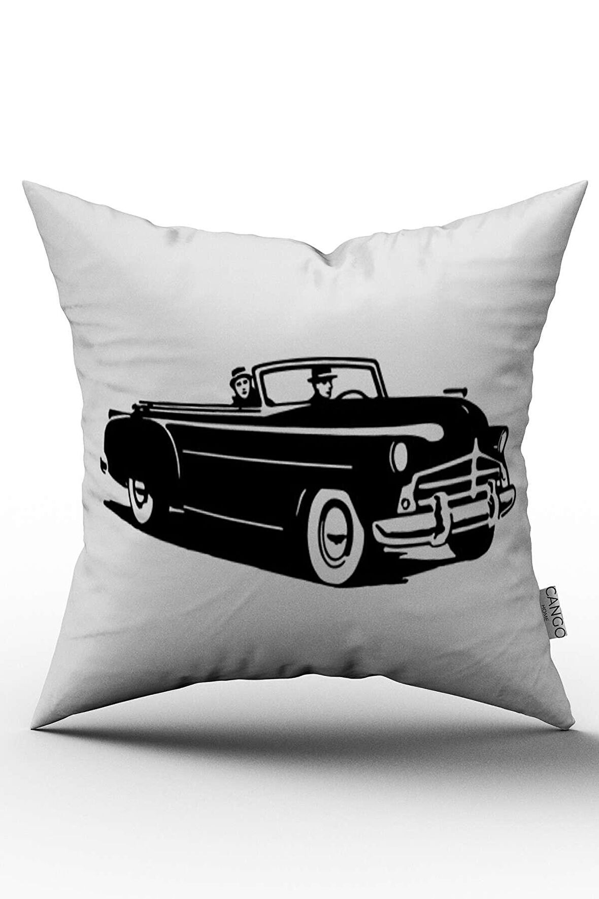 Çift Taraflı Beyaz Siyah Vintage Retro Araba Dijital Baskılı Kırlent Kılıfı - OTYK764-CT