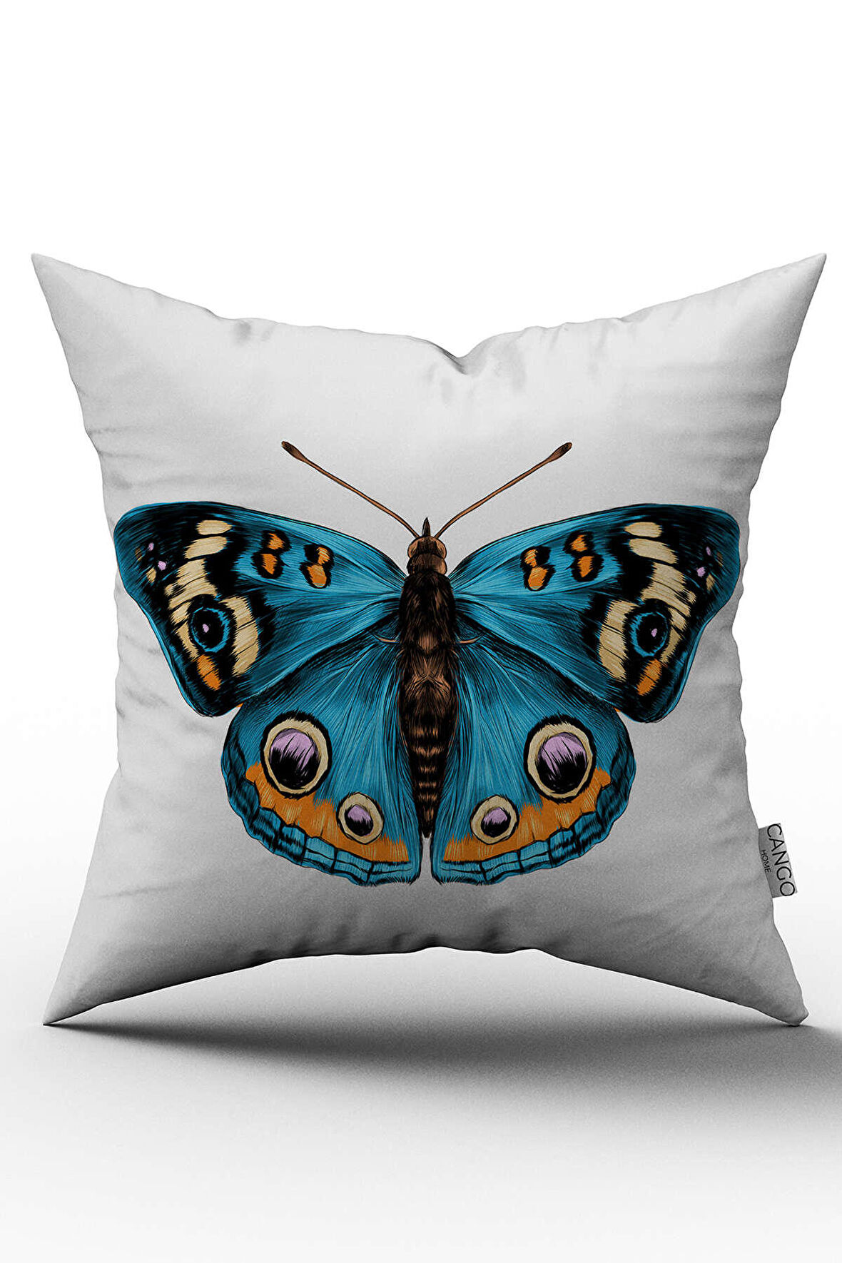 Çift Taraflı Beyaz Mavi Kelebek Figürlü Dijital Baskılı Kırlent Kılıfı - OTYK749-CT