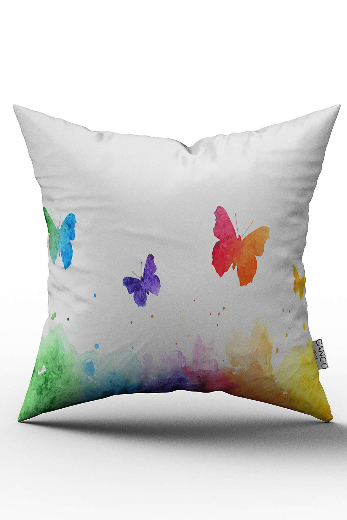 Çift Taraflı Beyaz Çok Renkli Kelebek Desenli Dijital Baskılı Kırlent Kılıfı - OTYK731-CT