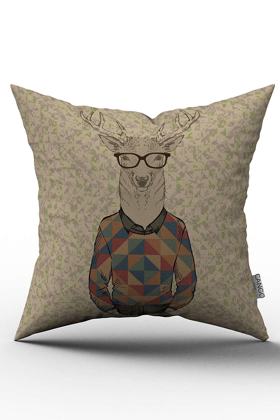 Çift Taraflı Kahverengi Hipster Geyik Figürlü Dijital Baskılı Kırlent Kılıfı - OTYK716-CT