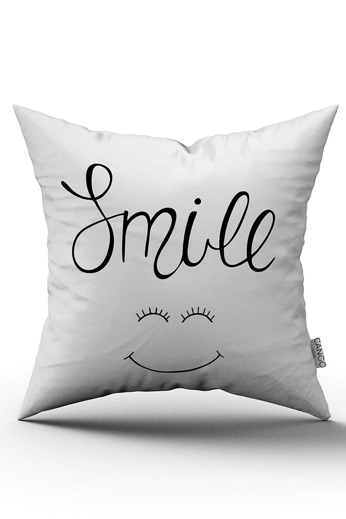 Çift Taraflı Beyaz Siyah Smile Yazılı Dekoratif Dijital Baskı Kırlent Yastık Kılıfı - CGH471-CT