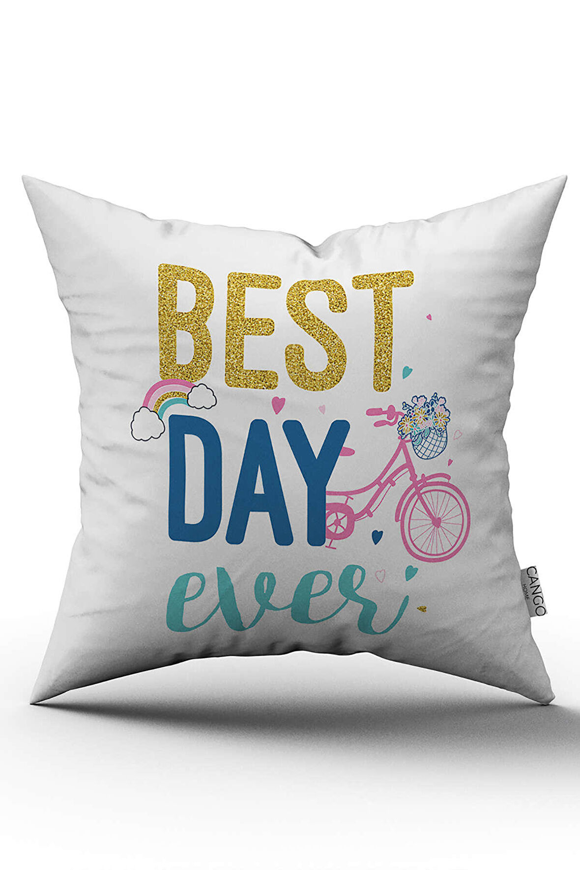 Çift Taraflı Beyaz Mavi Best Day Ever Dijital Baskı Kırlent Yastık Kılıfı - CGH456-CT