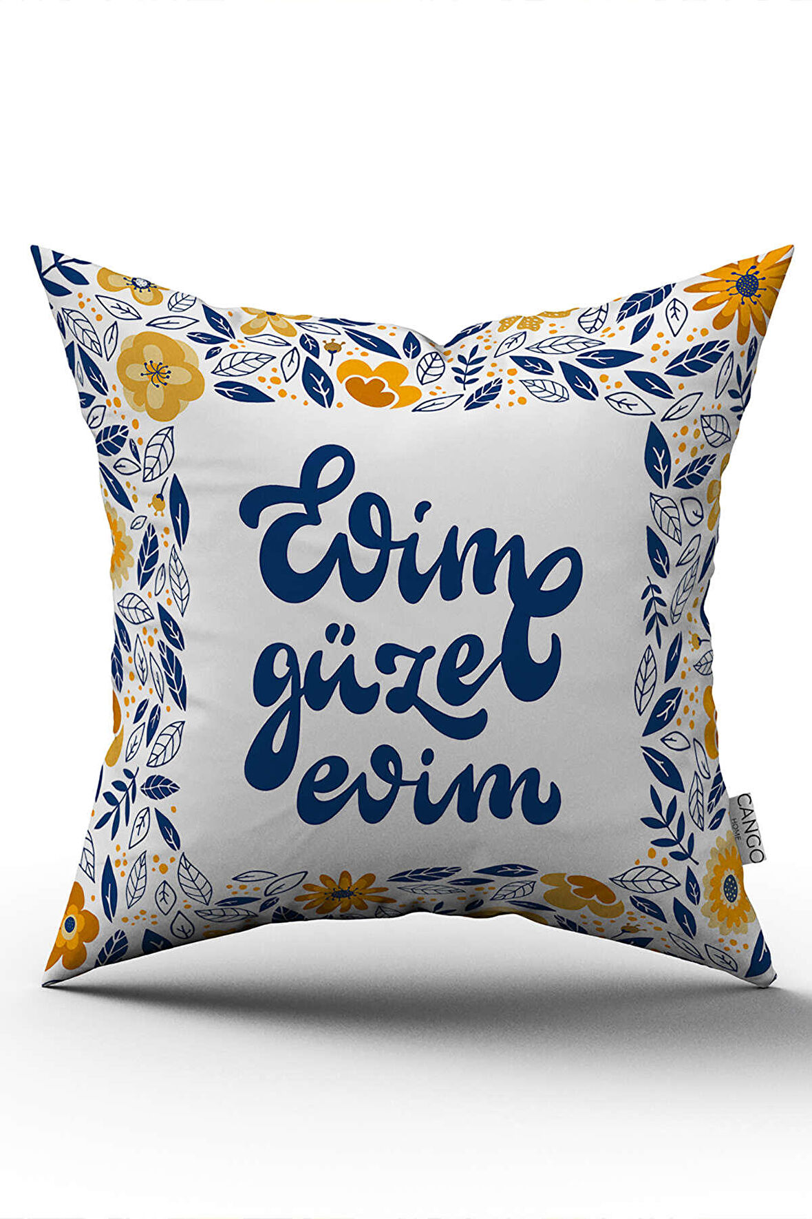 Çift Taraflı Beyaz Mavi Evim Güzel Evim Yazılı Dijital Baskı Kırlent Yastık Kılıfı - CGH450-CT
