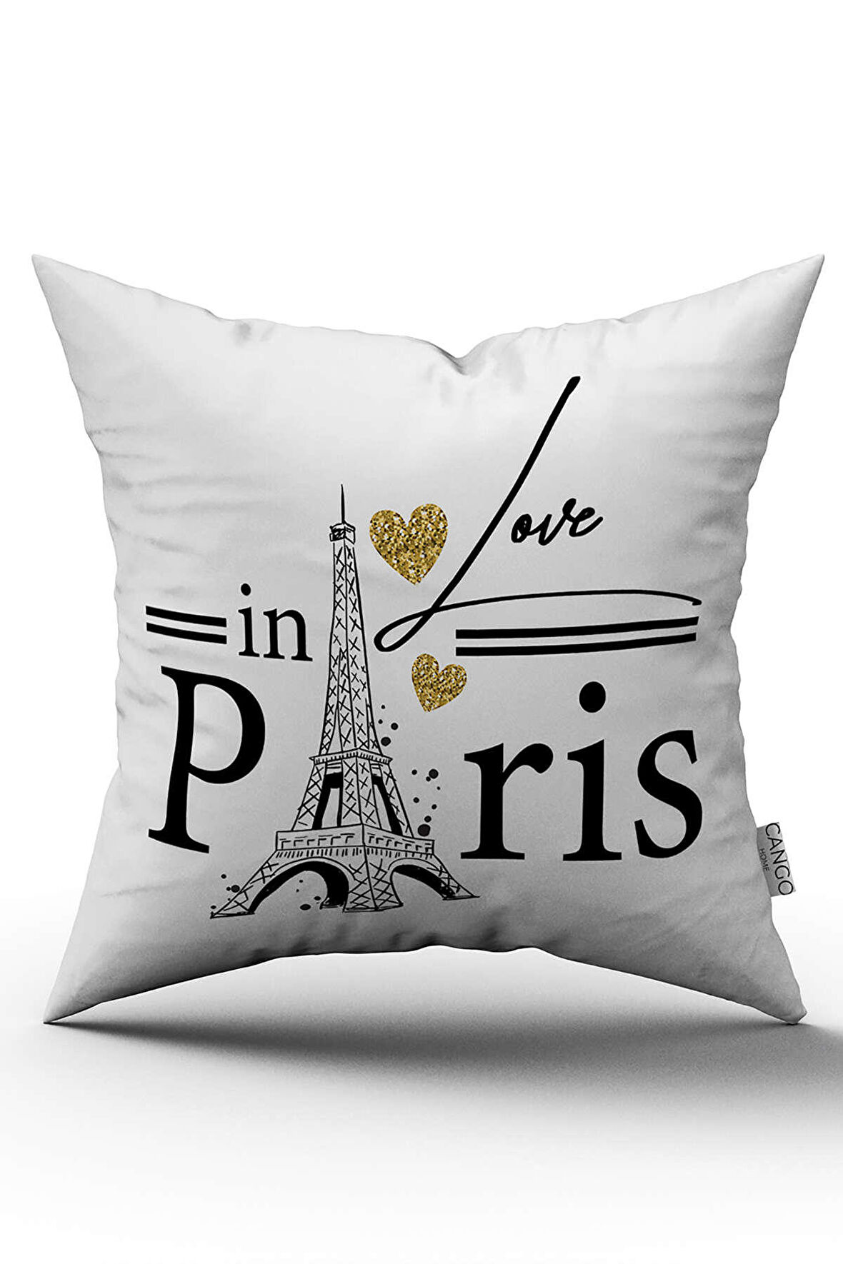 Çift Taraflı Beyaz Siyah Love Paris Yazılı  Dijital Baskı Kırlent Yastık Kılıfı - CGH443-CT