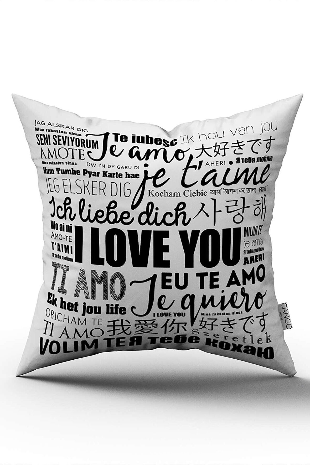 Çift Taraflı Beyaz Siyah I Love You Yazılı Dijital Baskı Kırlent Yastık Kılıfı - CGH416-CT