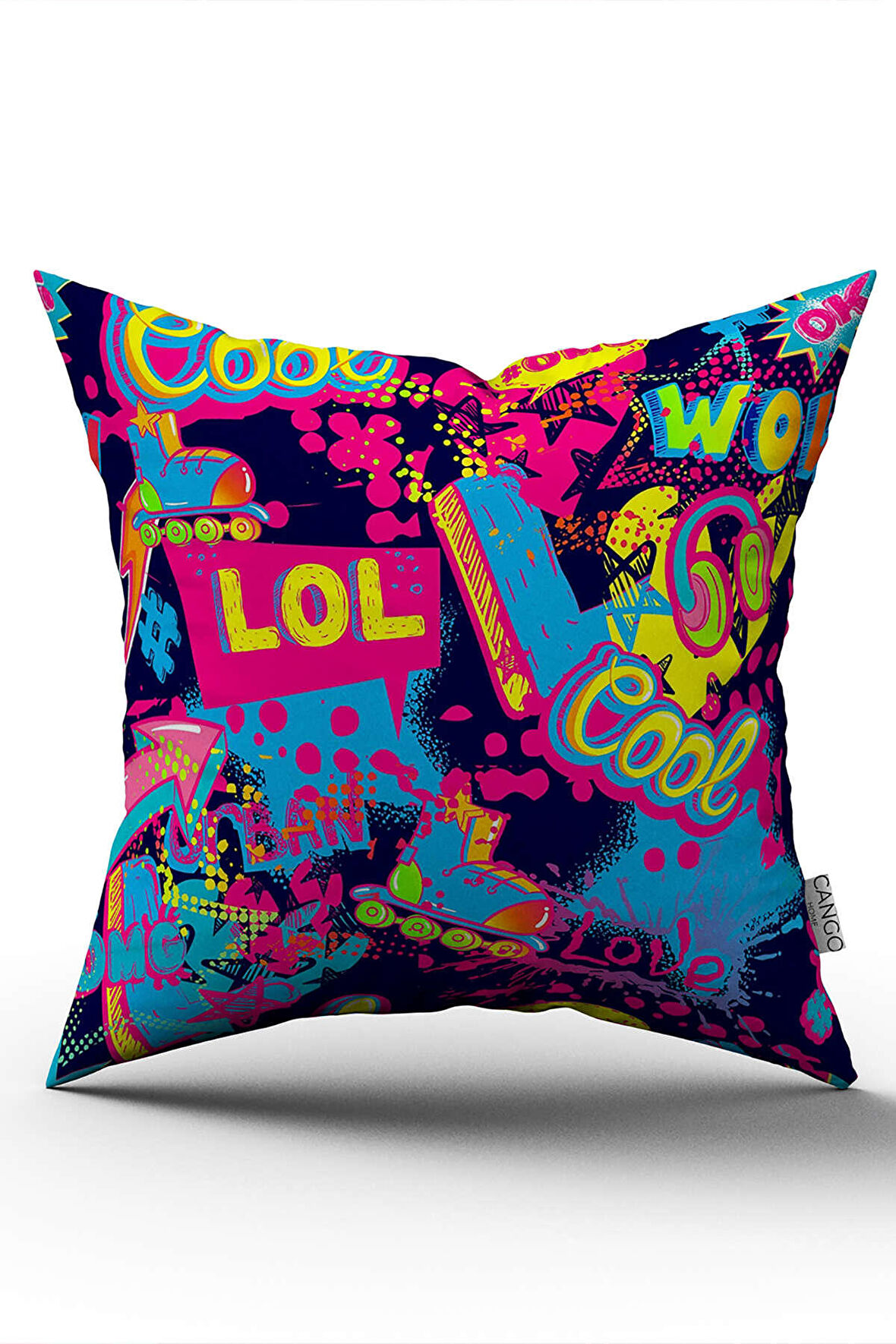 Çift Taraflı Siyah Çok Renkli Popart Desenli Dijital Baskı Kırlent Yastık Kılıfı - CGH397-CT