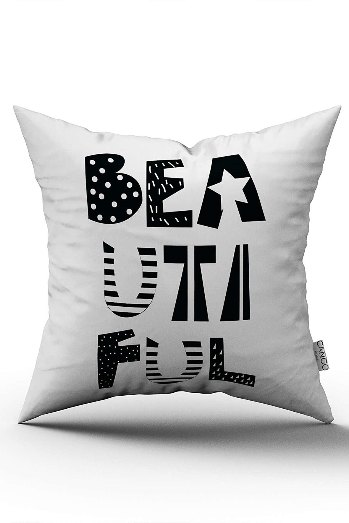 Çift Taraflı Beyaz Siyah Beautiful Yazılı Modern Dijital Baskı Kırlent Yastık Kılıfı - CGH393-CT
