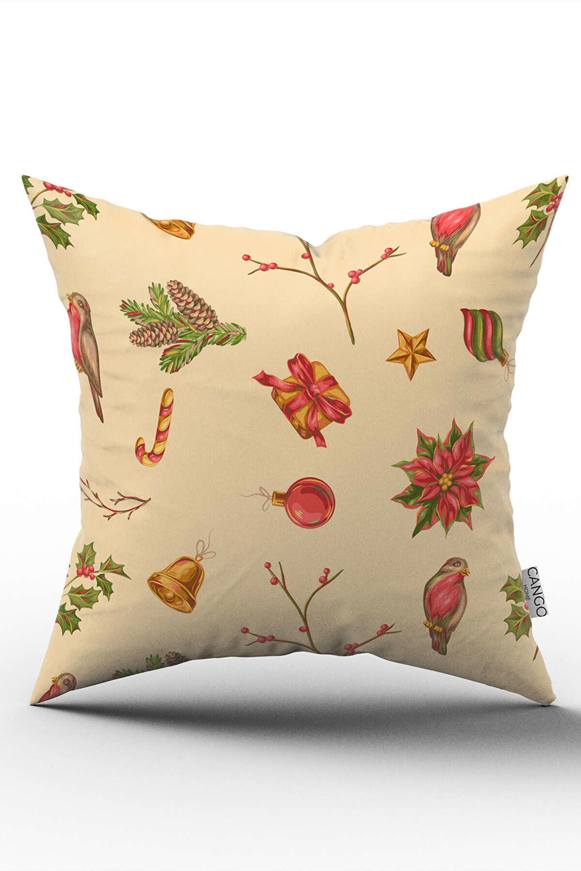 Çift Taraflı Kırmızı Krem Yılbaşı Temalı Dijital Baskılı Kırlent Yastık Kılıfı - CGH293-CT