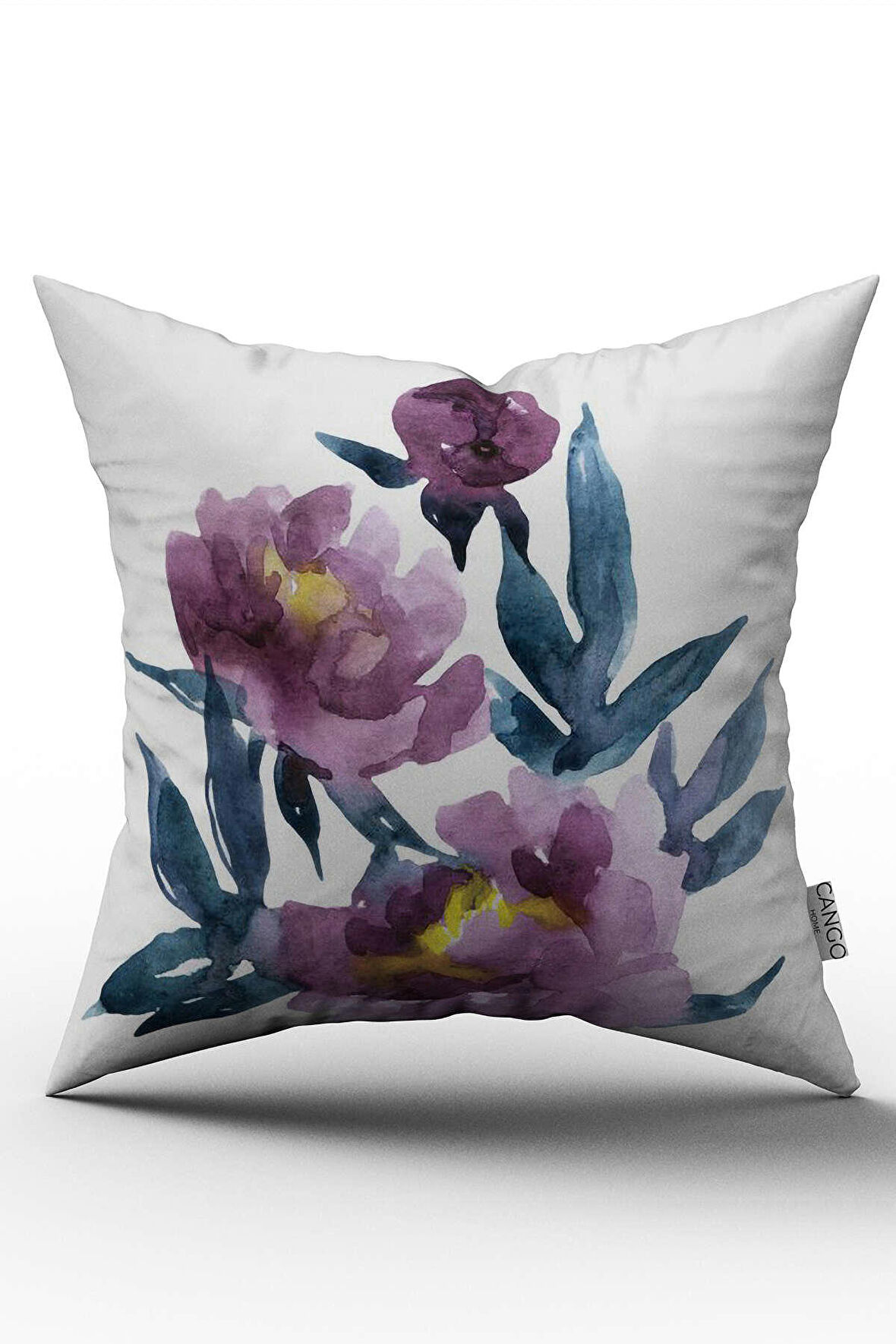 Çift Taraflı Beyaz Mor Çiçekli Kırlent Yastık Kılıfı - CGH233-CT