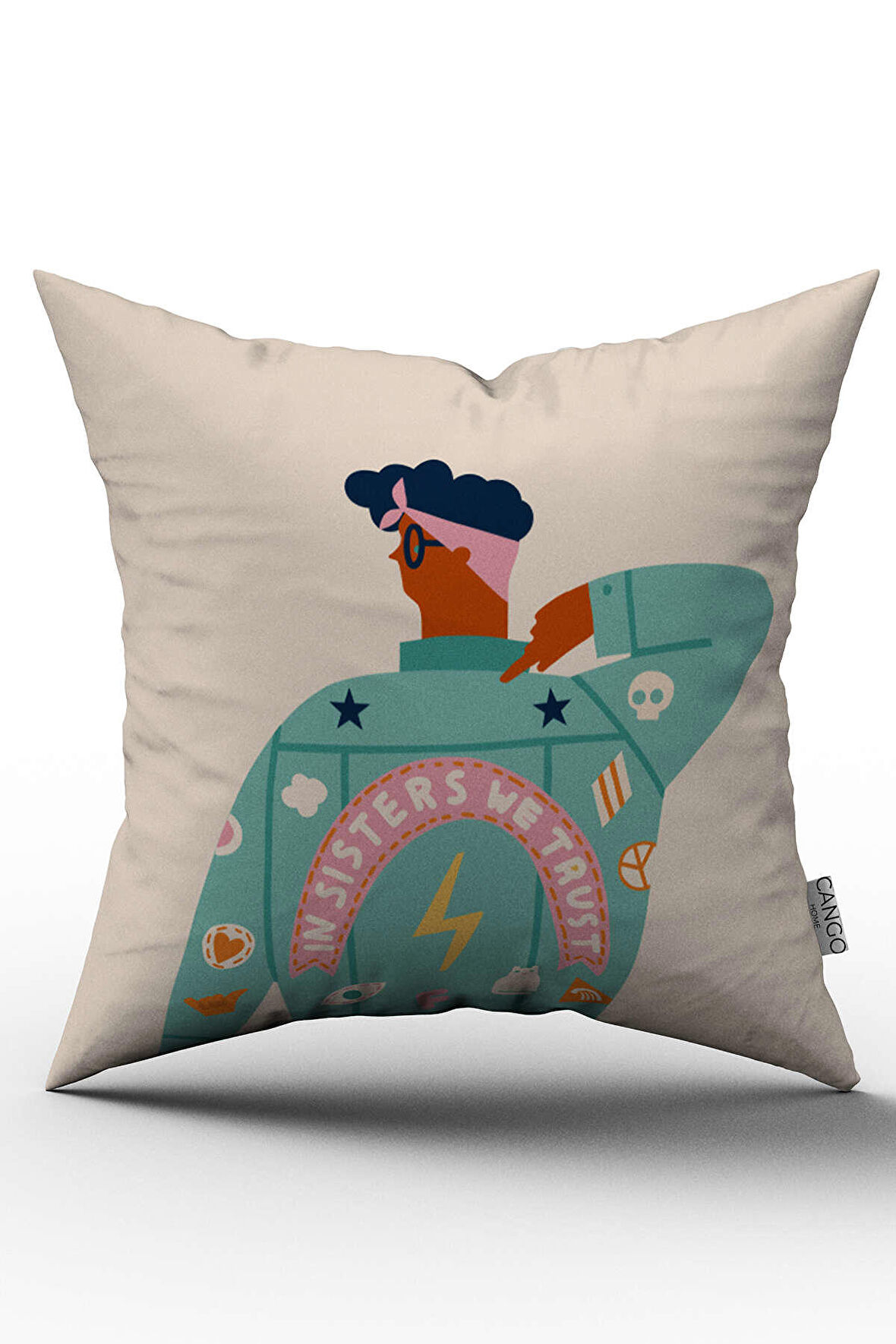 Çift Taraflı Krem Yeşil Modern Figürlü Kırlent Yastık Kılıfı - CGH173-CT