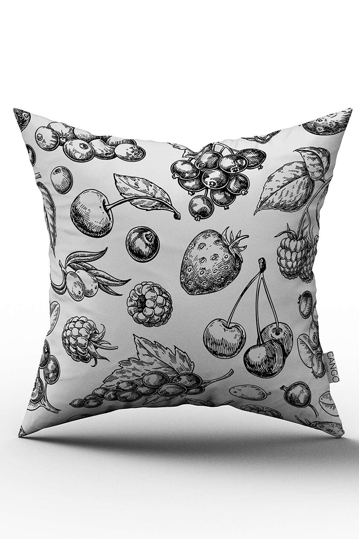 Çift Taraflı Beyaz Siyah Meyve Desenli Kırlent Yastık Kılıfı - CGH147-CT