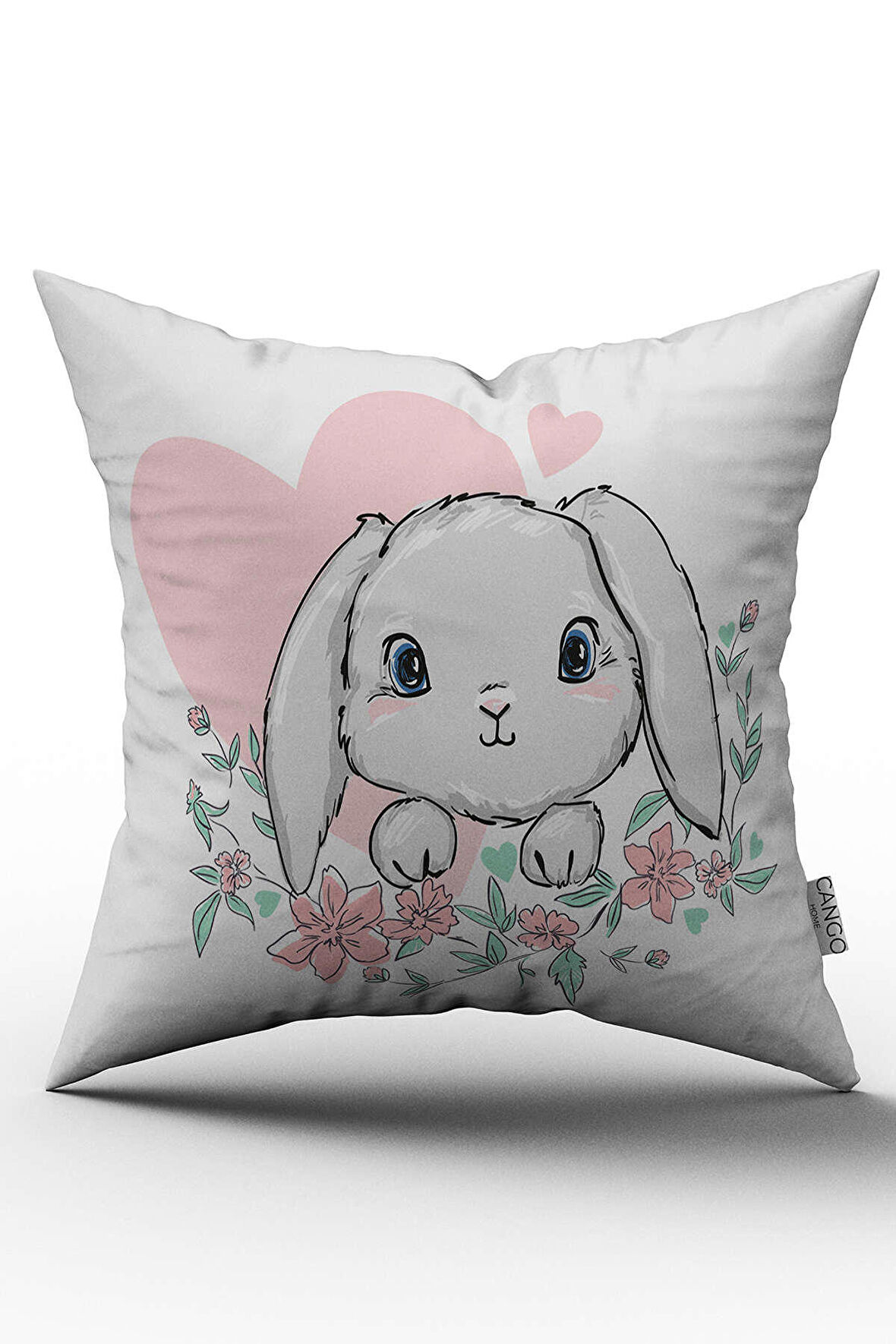 Çift Taraflı Beyaz Pembe Kalpli Tavşan Çocuk Kırlent Yastık Kılıfı - CGH046-CT