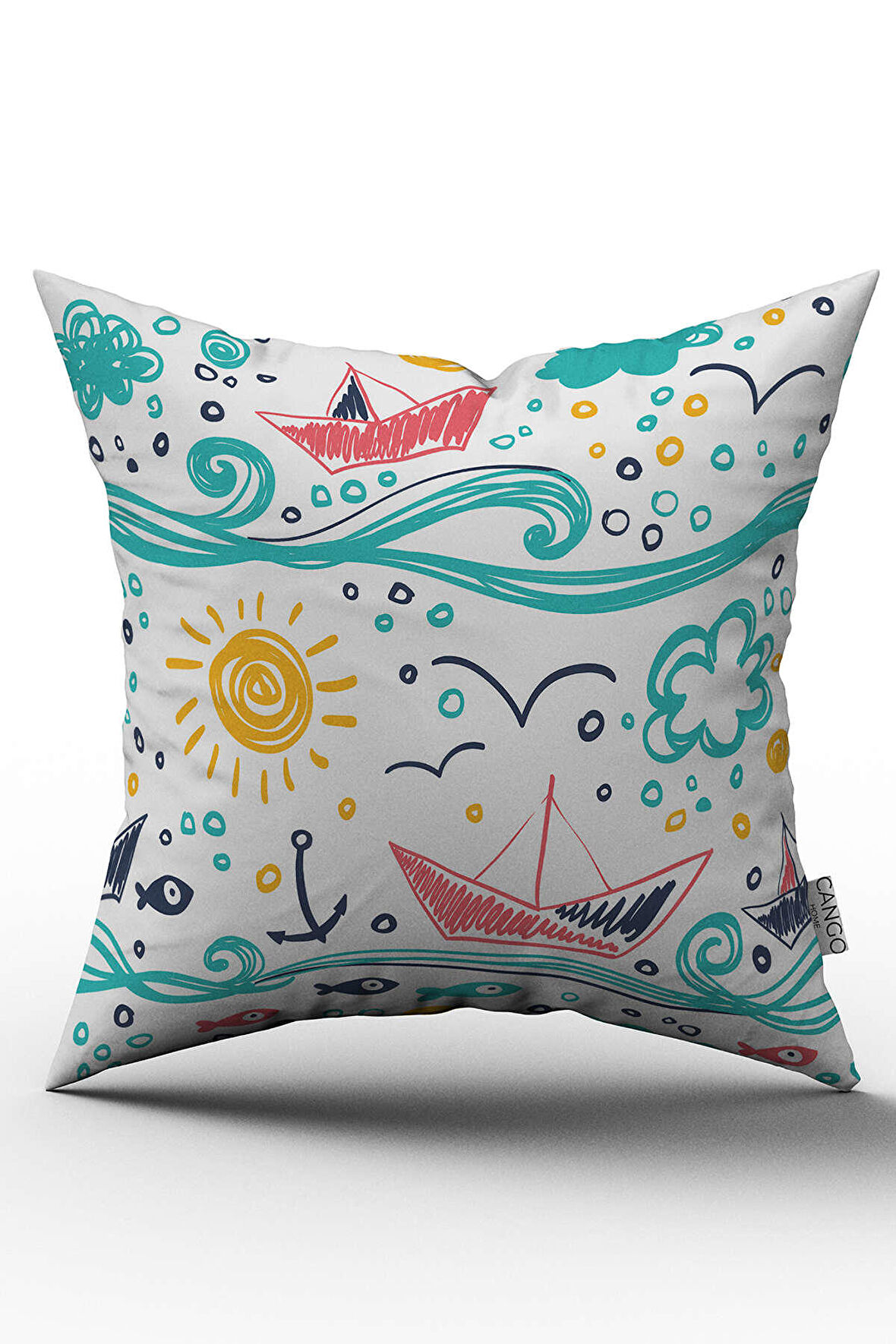 Çift Taraflı Beyaz Turkuaz Çocuk Deniz Temalı Kırlent Yastık Kılıfı - CGH025-CT