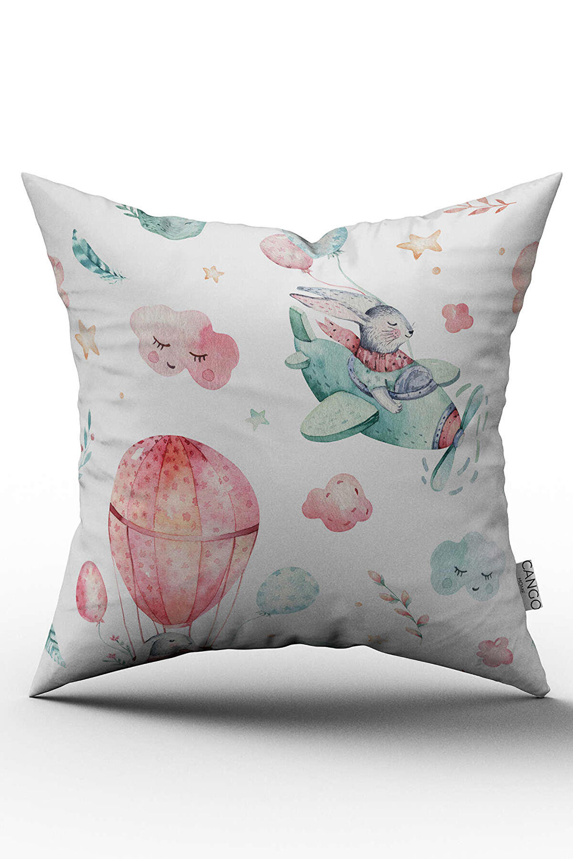 Çift Taraflı Pembe Turkuaz Çocuk Helikopter Balon Desenli Kırlent Yastık Kılıfı - CGH014-CT