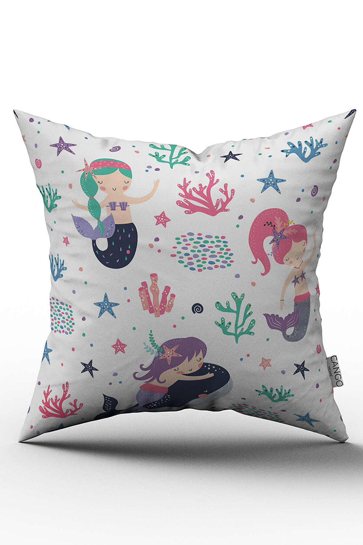 Çift Taraflı Pembe Beyaz Çocuk Denizkızı Desenli Kırlent Yastık Kılıfı - CGH011-CT