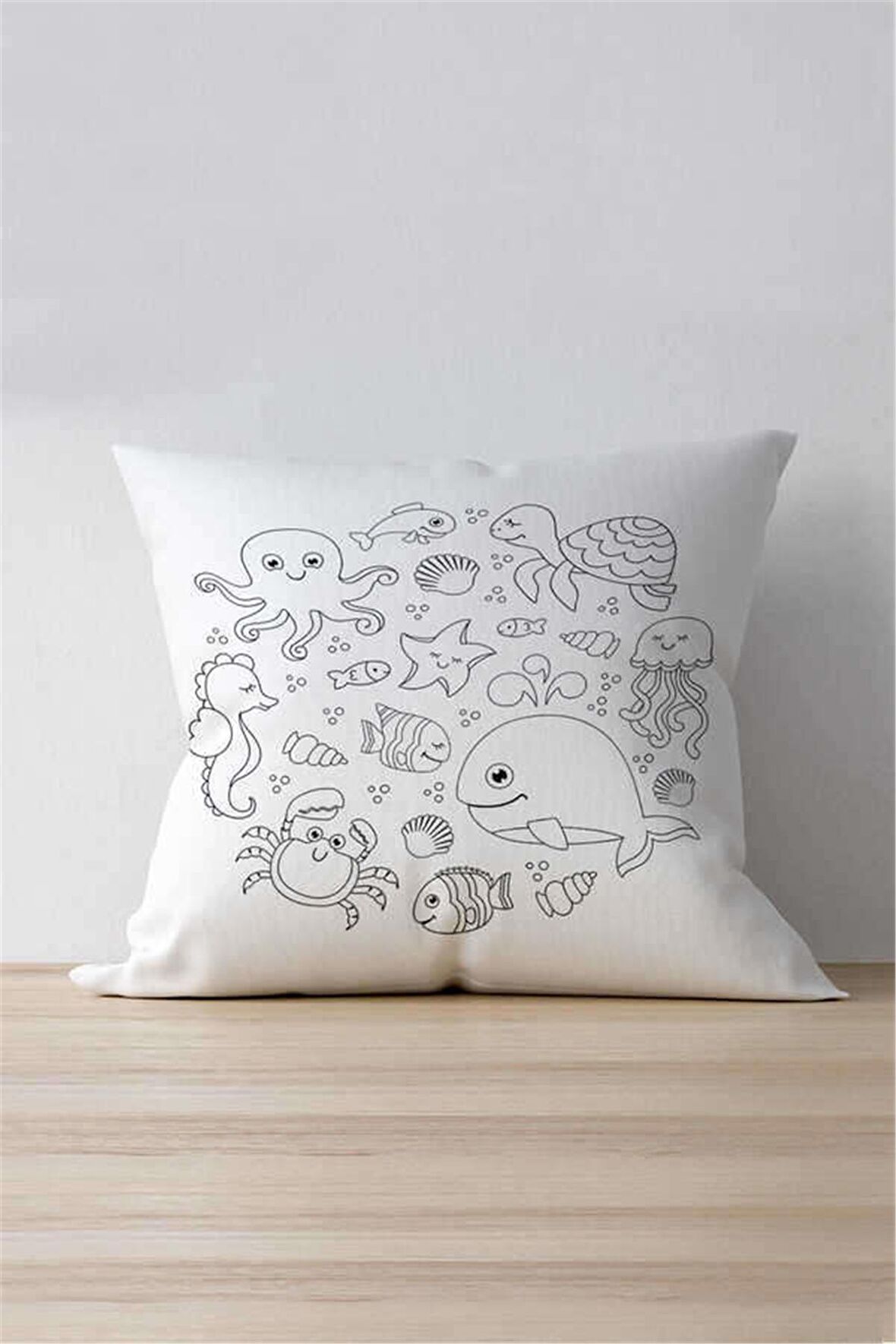 Çift Taraflı Beyaz Siyah Deniz Hayvanları Temalı Kırlent Yastık Kılıfı - CGH004-CT