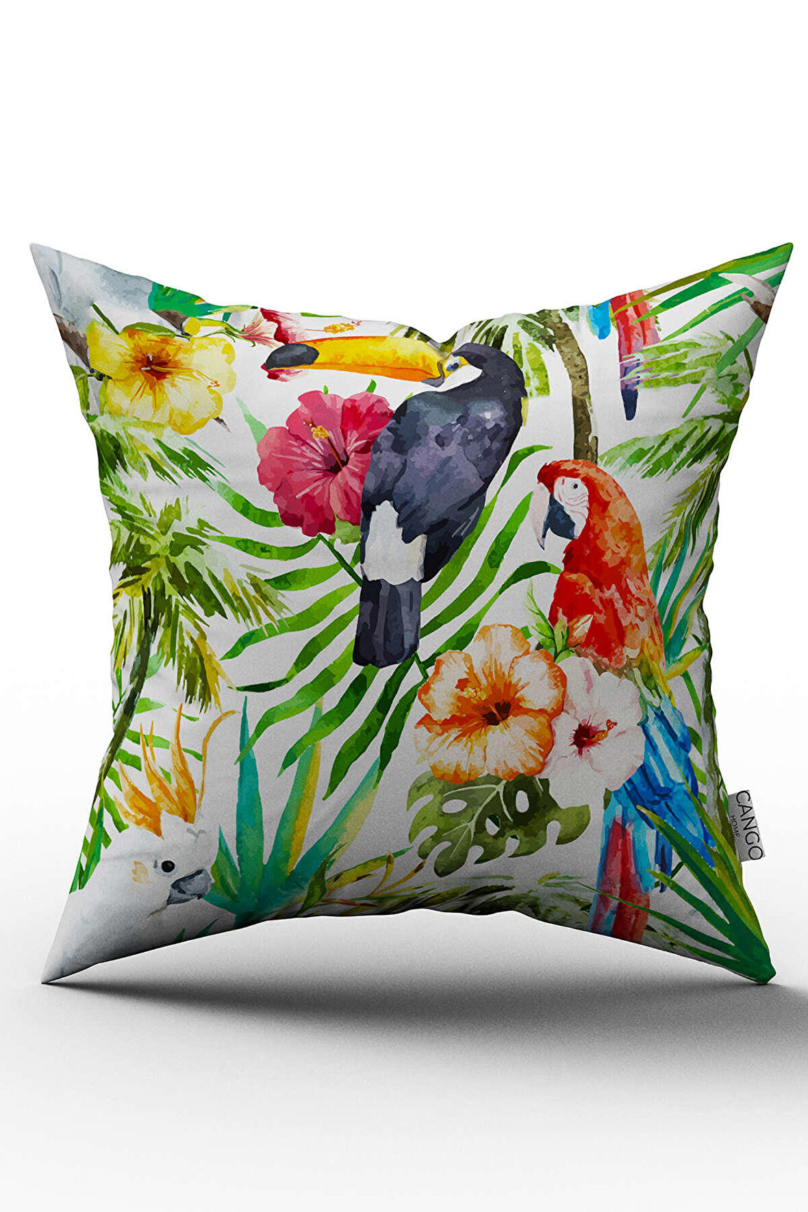 Çift Taraflı Beyaz Çok Renkli Tropik Çiçekli ve Kuş Desenli Dijital Baskılı Kırlent Kılıfı - YST07-CT