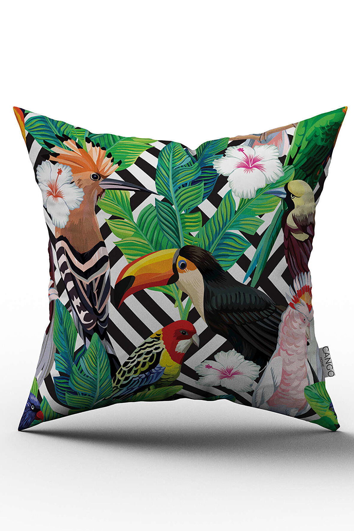 Çift Taraflı Beyaz Çok Renkli Tropikal Kuş Desenli Dijital Baskılı Kırlent Kılıfı - YST08-CT