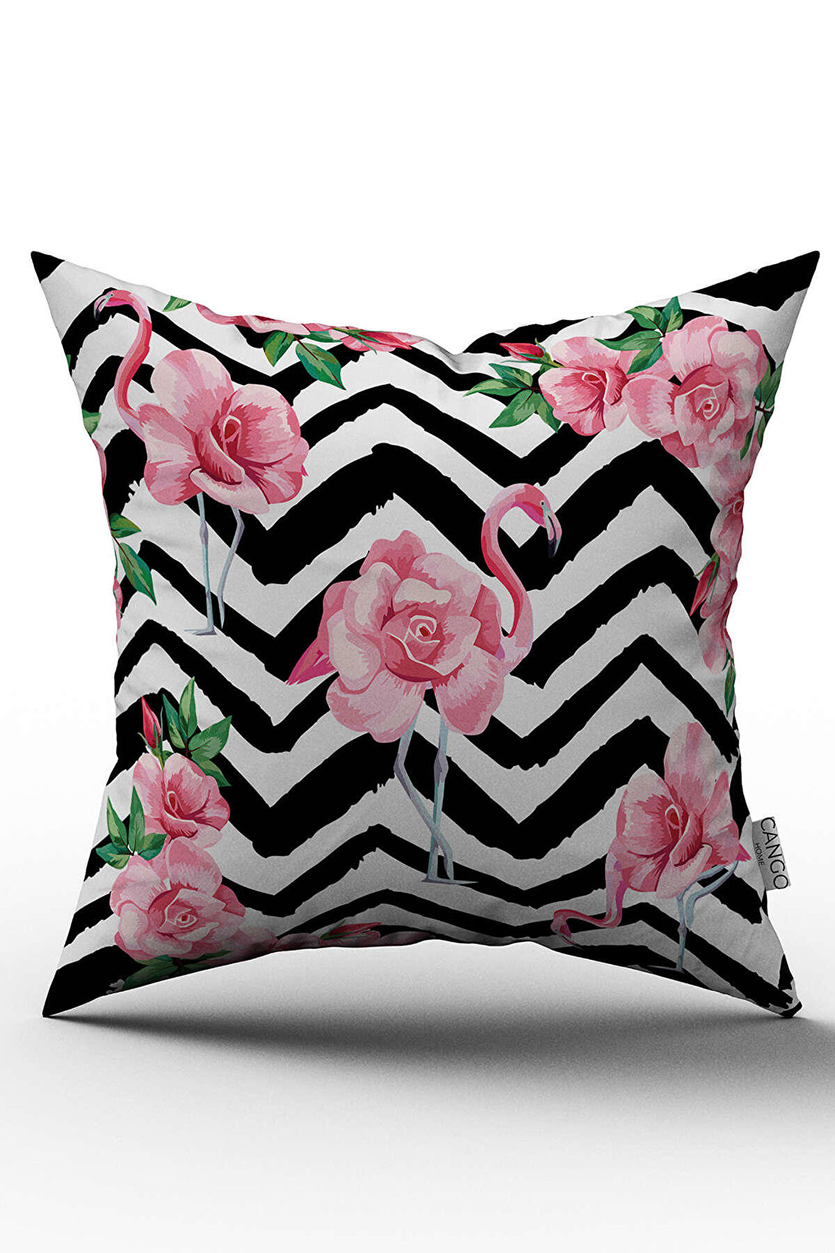 Çift Taraflı Siyah Beyaz Çizgili Pembe Flamingo Desenli Dijital Baskılı Kırlent Kılıfı - YST20-CT