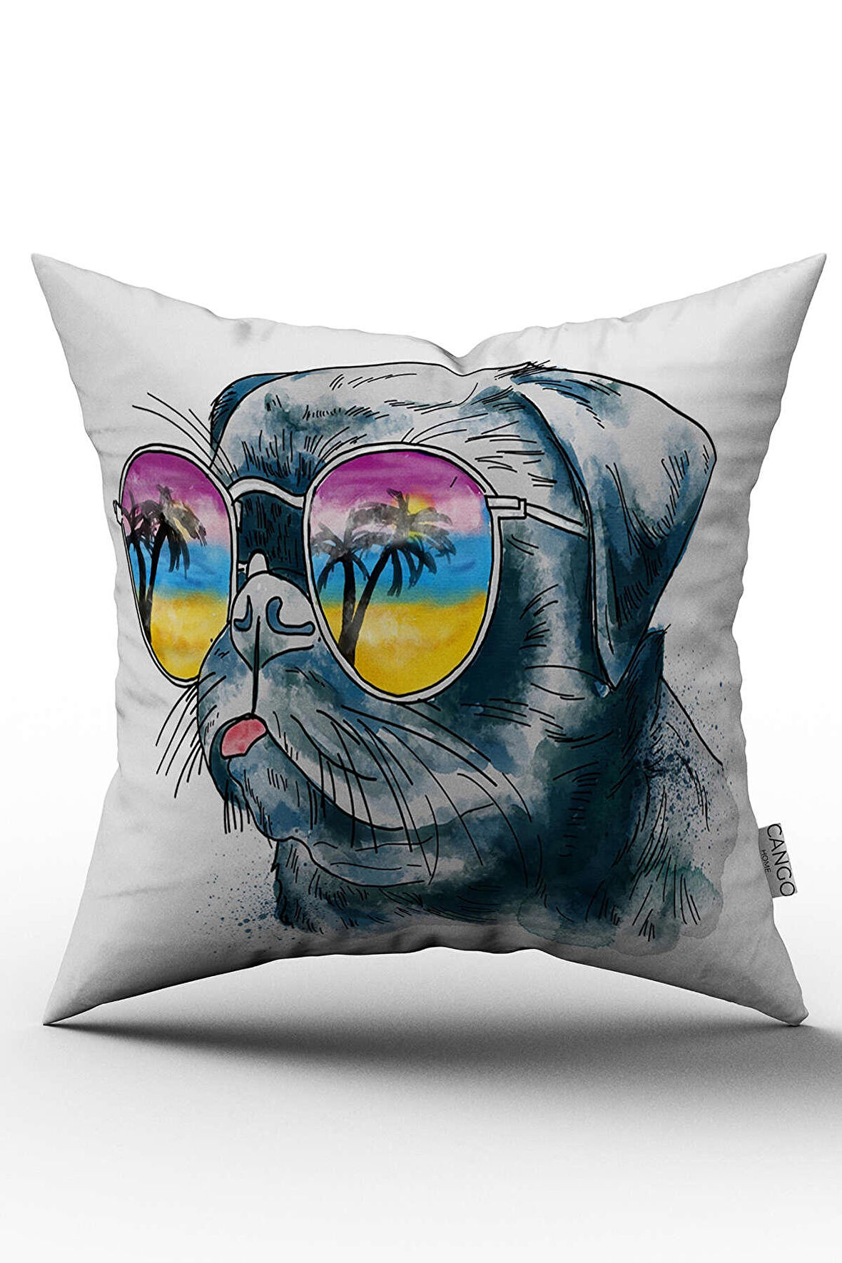 Çift Taraflı Gözlüklü Köpek Figürlü Dijital Baskılı Kırlent Kılıfı - OTYK202-CT