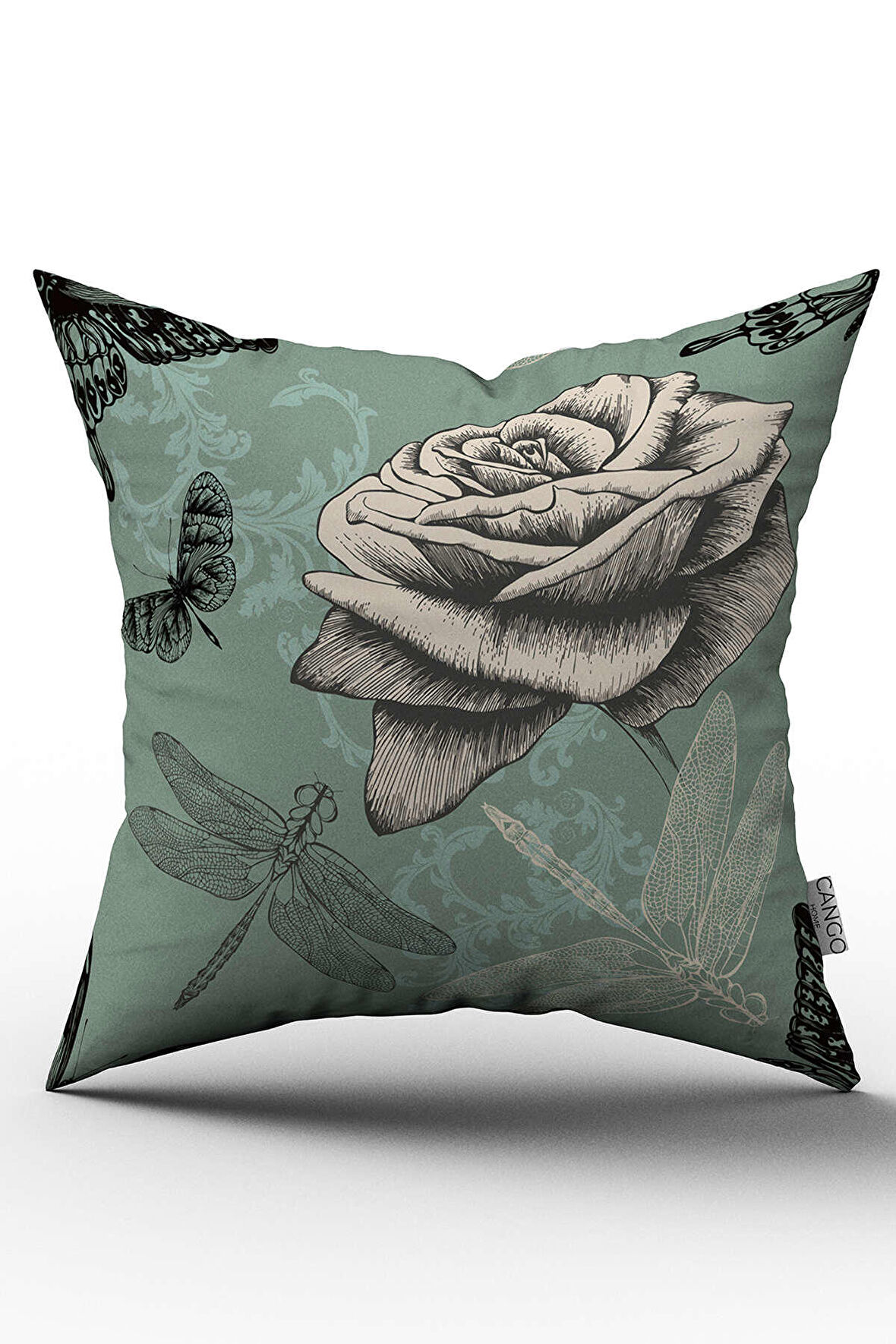 Çift Taraflı Mavi Siyah Çiçek Ve Kelebek Desenli Dijital Baskılı Kırlent Kılıfı - OTYK312-CT