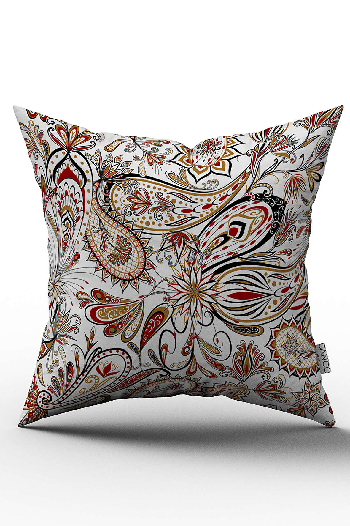 Çift Taraflı Beyaz Kırmızı Etnik Motif Desenli Dijital Baskılı Kırlent Kılıfı - OTYK320-CT